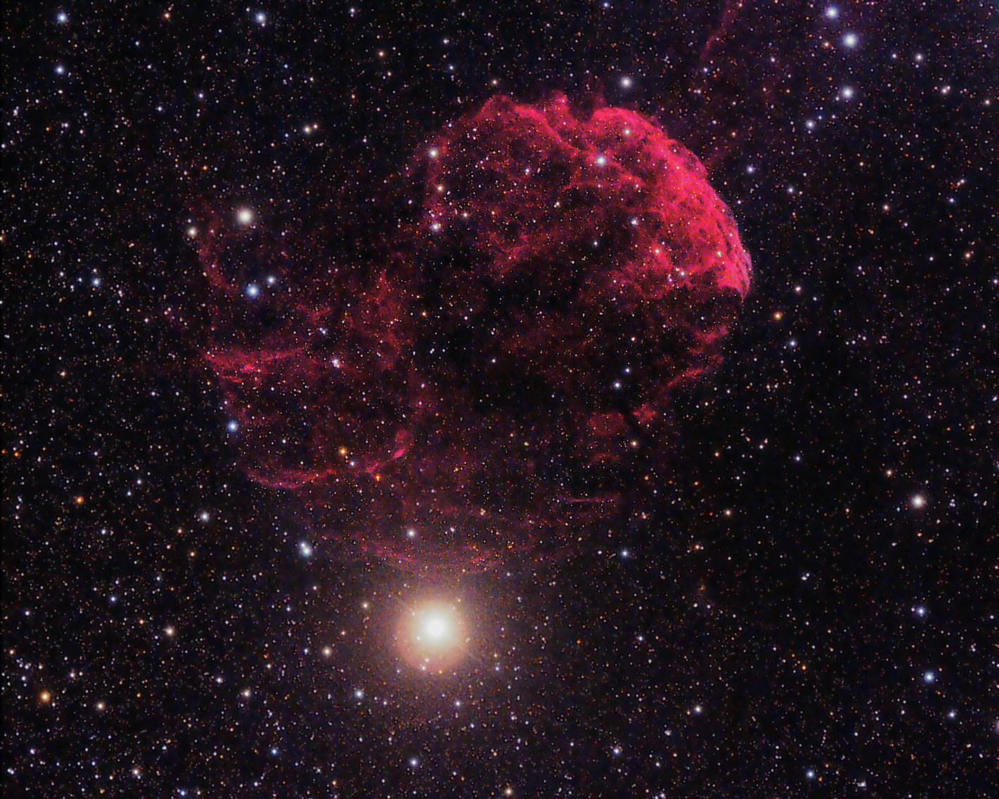 IC 443 Jellyfish Nebula - a galactic supernova remnant in the constellation Gemini. near the star Eta Geminorum. Its distance is roughly 5,000 light years from Earth. IC 443 may be the remains of a supernova that occurred 3,000 - 30,000 years ago. It is located about 10,000 light years from Earth. It is a hotbed of new star formation. This is a true color combination using L-R-G-B filters. 