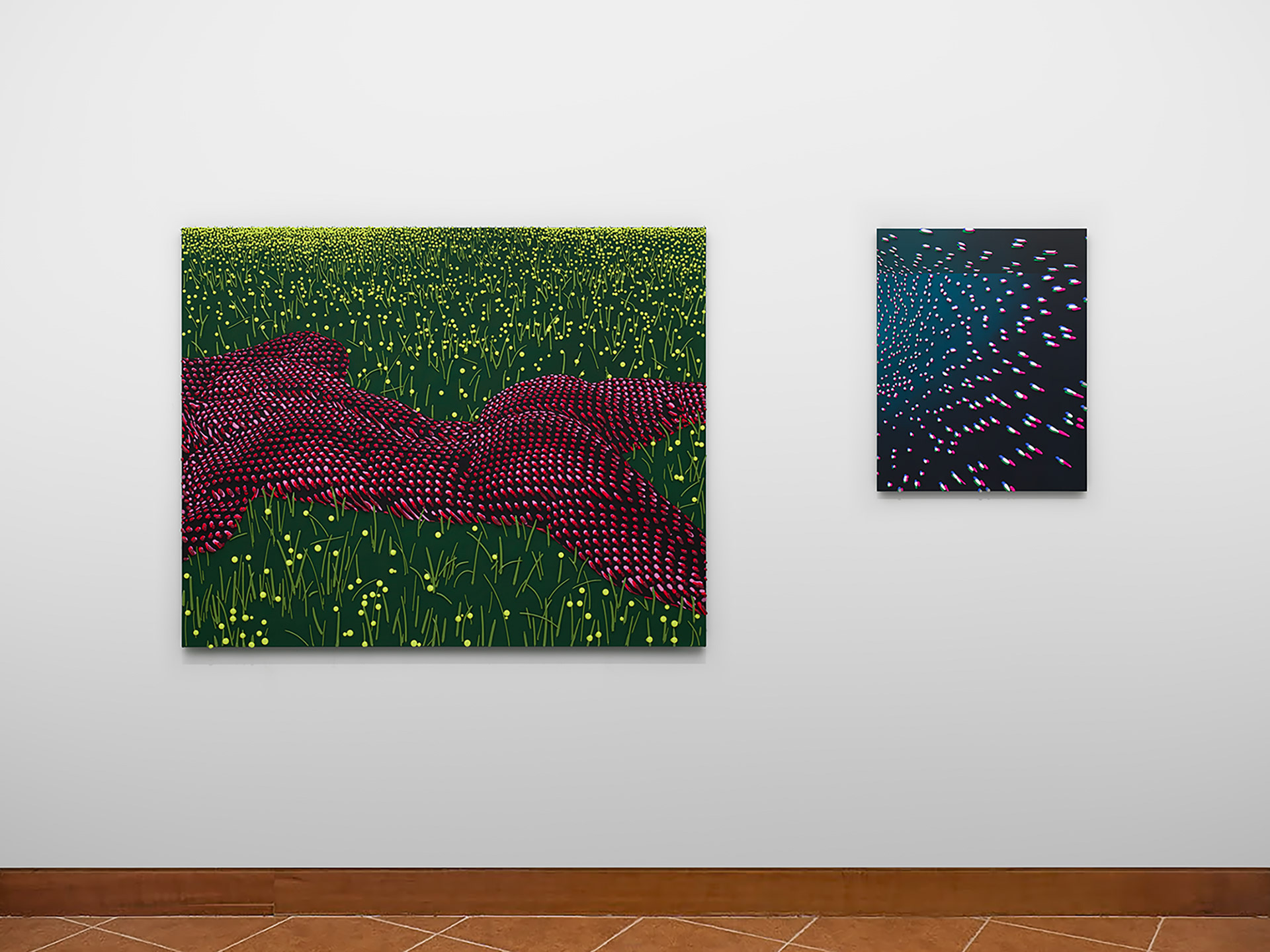 Artist Joseph Parra, exhibition the edge of flesh and blood, installation of Submissive in the Simulation Meadow, Starlight blue-green