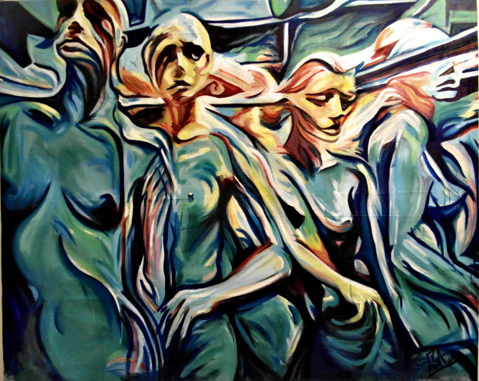 NĒGŁĖČT - CONFRONT THE CØNFØRMS OF SØCIETY! MÆNNEQUIN MÆDNESS! MULTILAYER OIL ON CANVAS.  94.7 x 117.2 cm