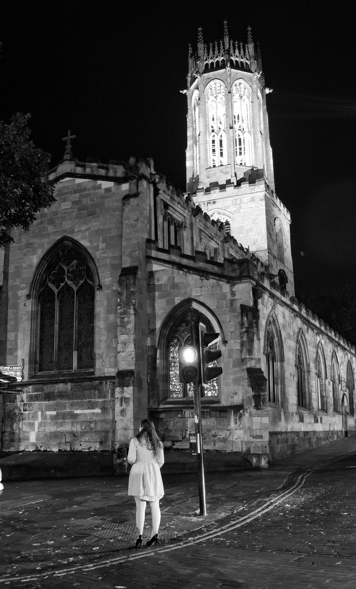 Waiting outside a York Church.