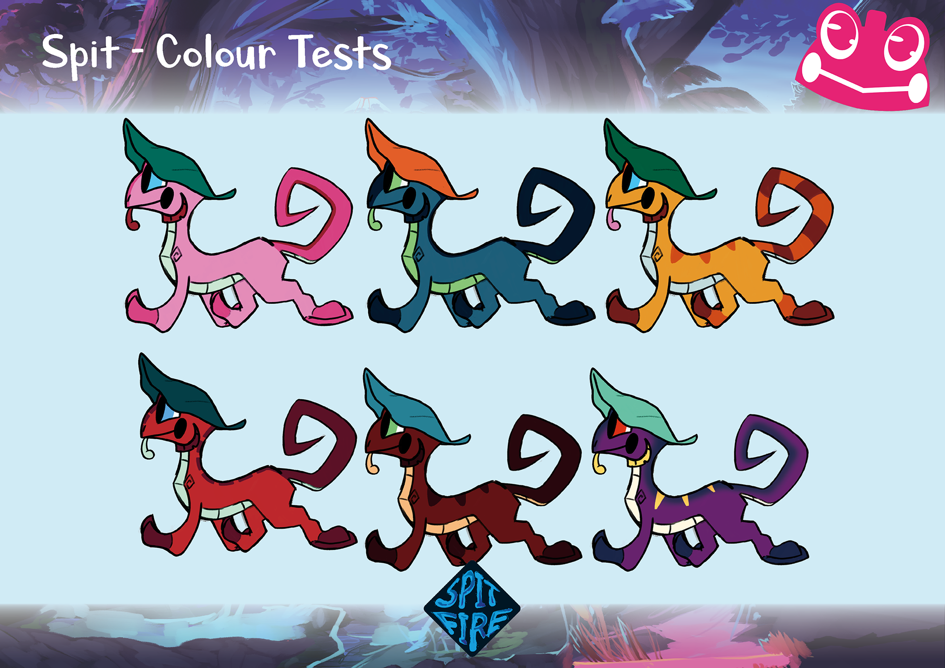 Colour concepts for main protagonist of "Spitfire" game. Playing with fantastical colours due to setting being highly magical and needing colour contrast between the earthier tones of the environments and the characters