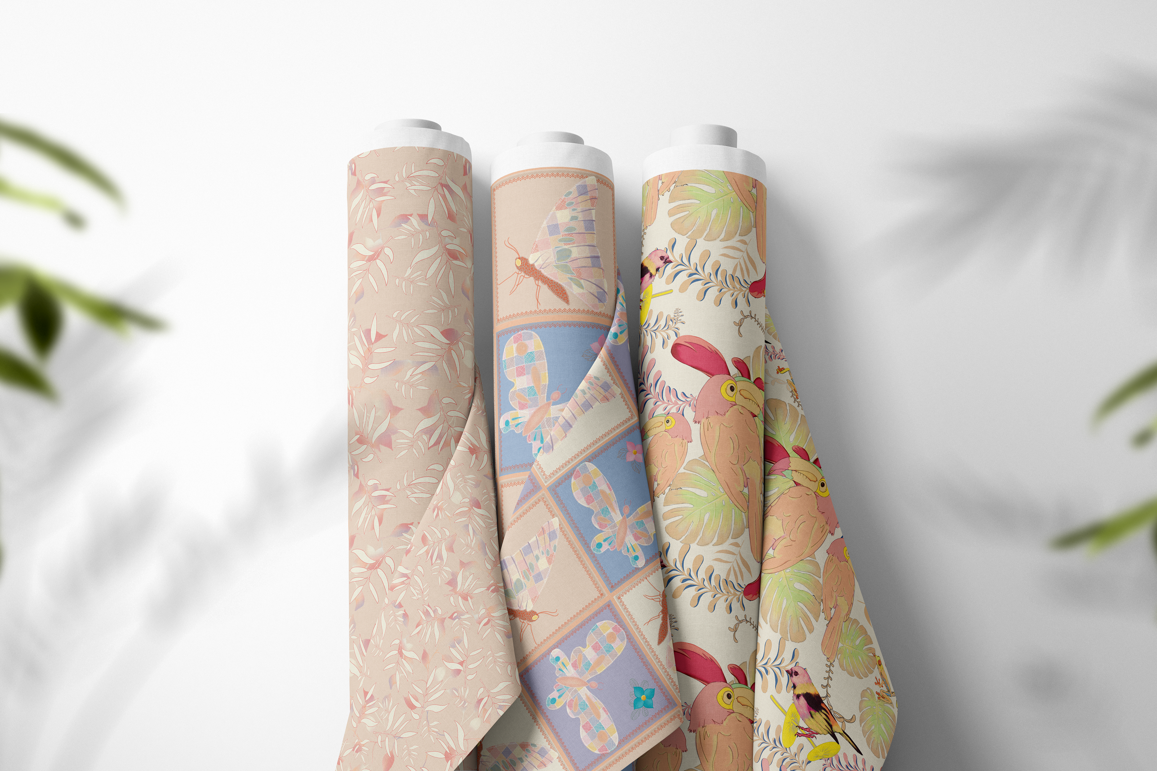 soft muted butterflies, toucan's and pastel leaves(S)