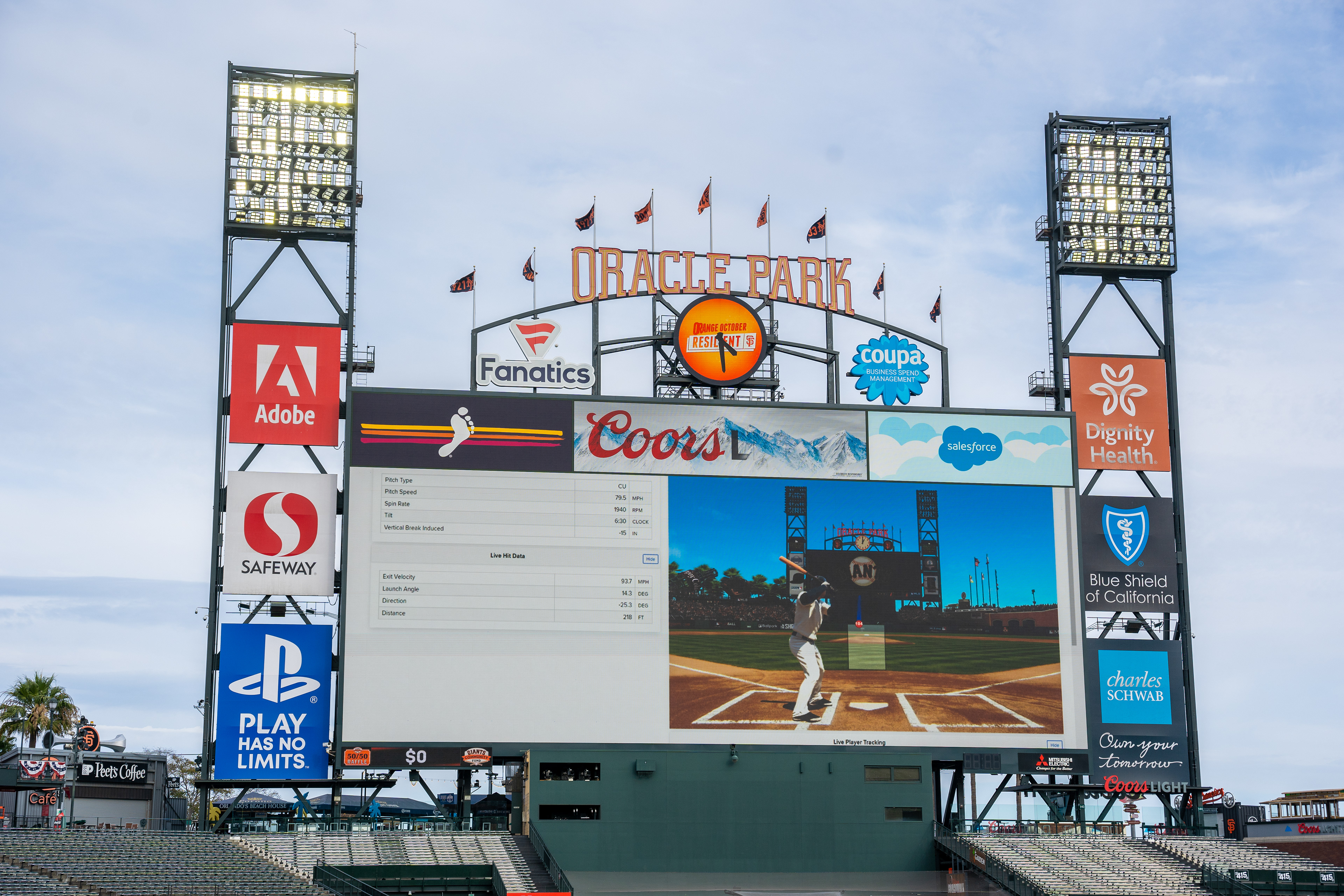 Oracle Park's jumbotron displays live data.