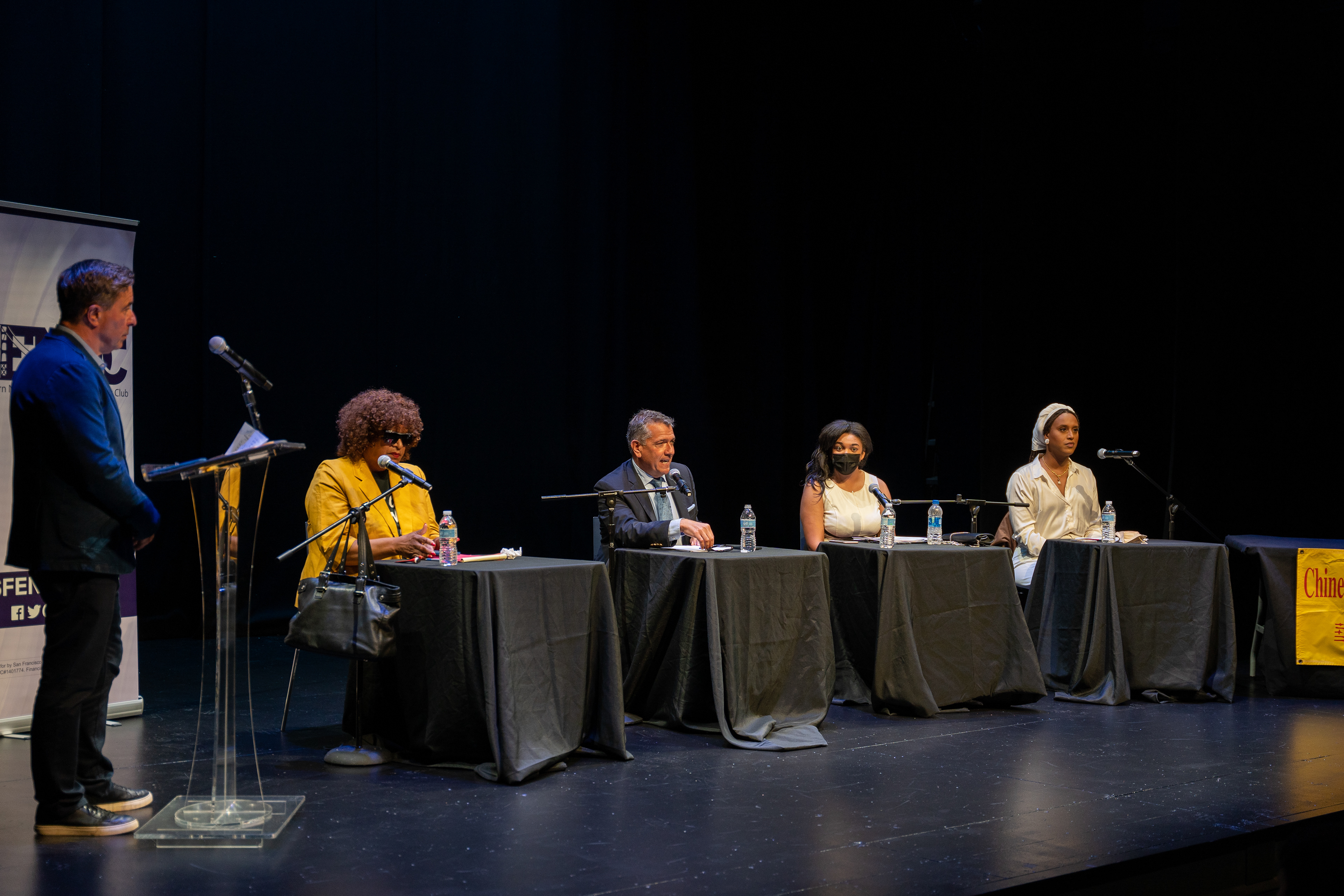 From left to right: District 6 Supervisor candidates Ms. Billie Cooper, Matt Dorsey, Cherelle Jackson, and Honey Mahogany at the District 6 Supervisor Debate, hosted by the Eastern Neighborhoods Democratic Club at the ACT Strand Theater in San Francisco.