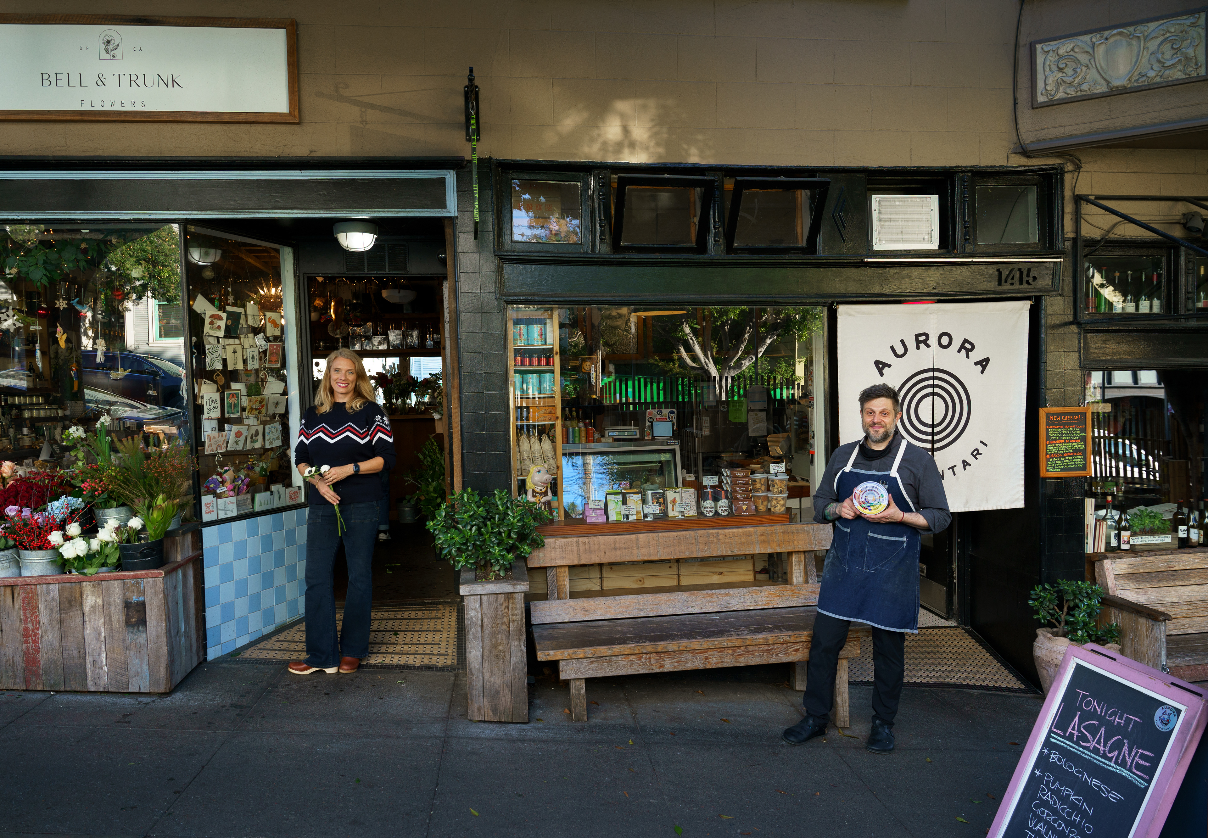 Potrero Hill shop owners Vanessa Blyth Marlin of Bell and Trunk and Dario Barbone of Alimentari Aurora take a brief break from their workday to step outside for a photo.
