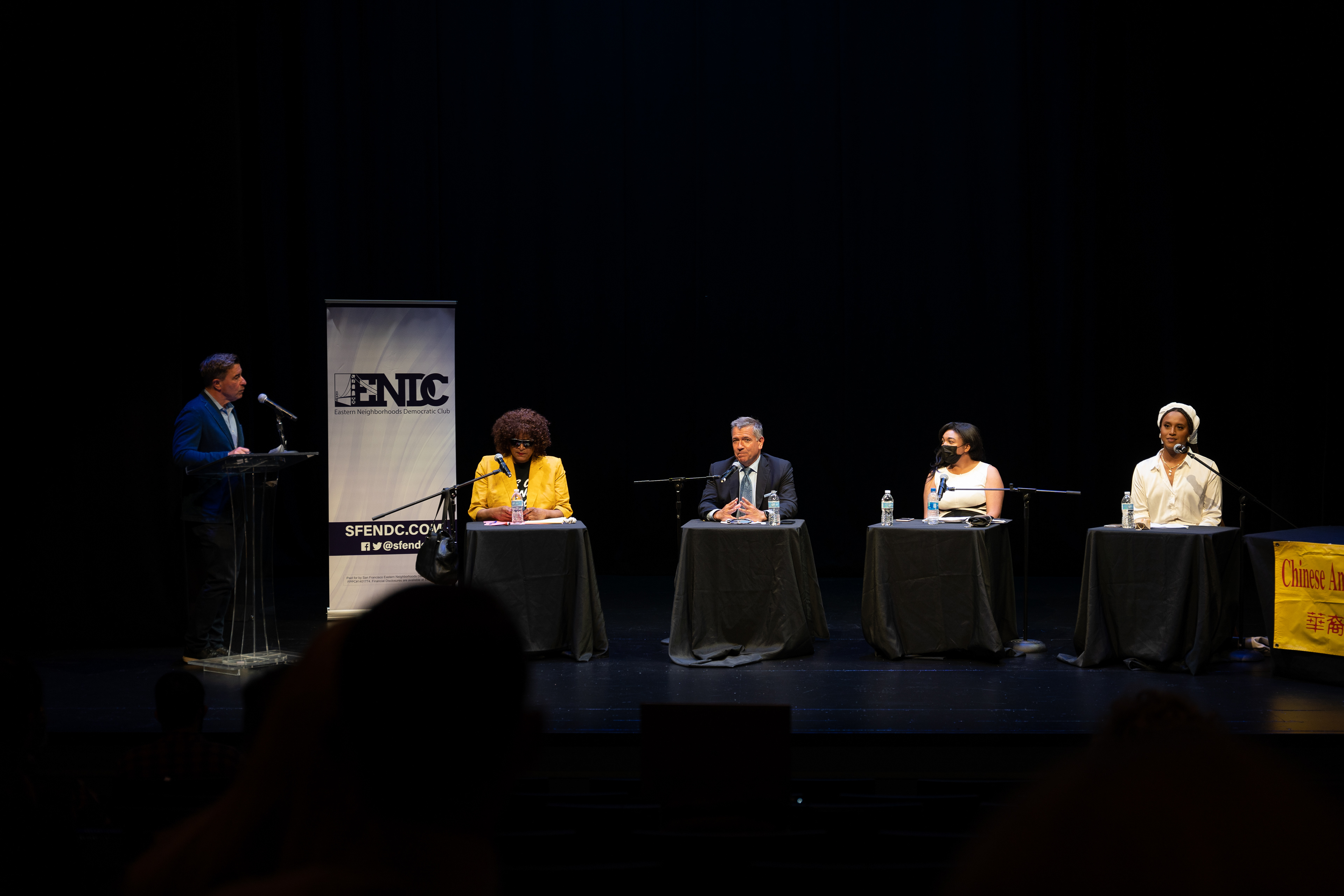 From left to right: Ms. Billie Cooper, Matt Dorsey, Cherelle Jackson, and Honey Mahogany at the District 6 Supervisor Debate, hosted by the Eastern Neighborhoods Democratic Club at the ACT Strand Theater in San Francisco.