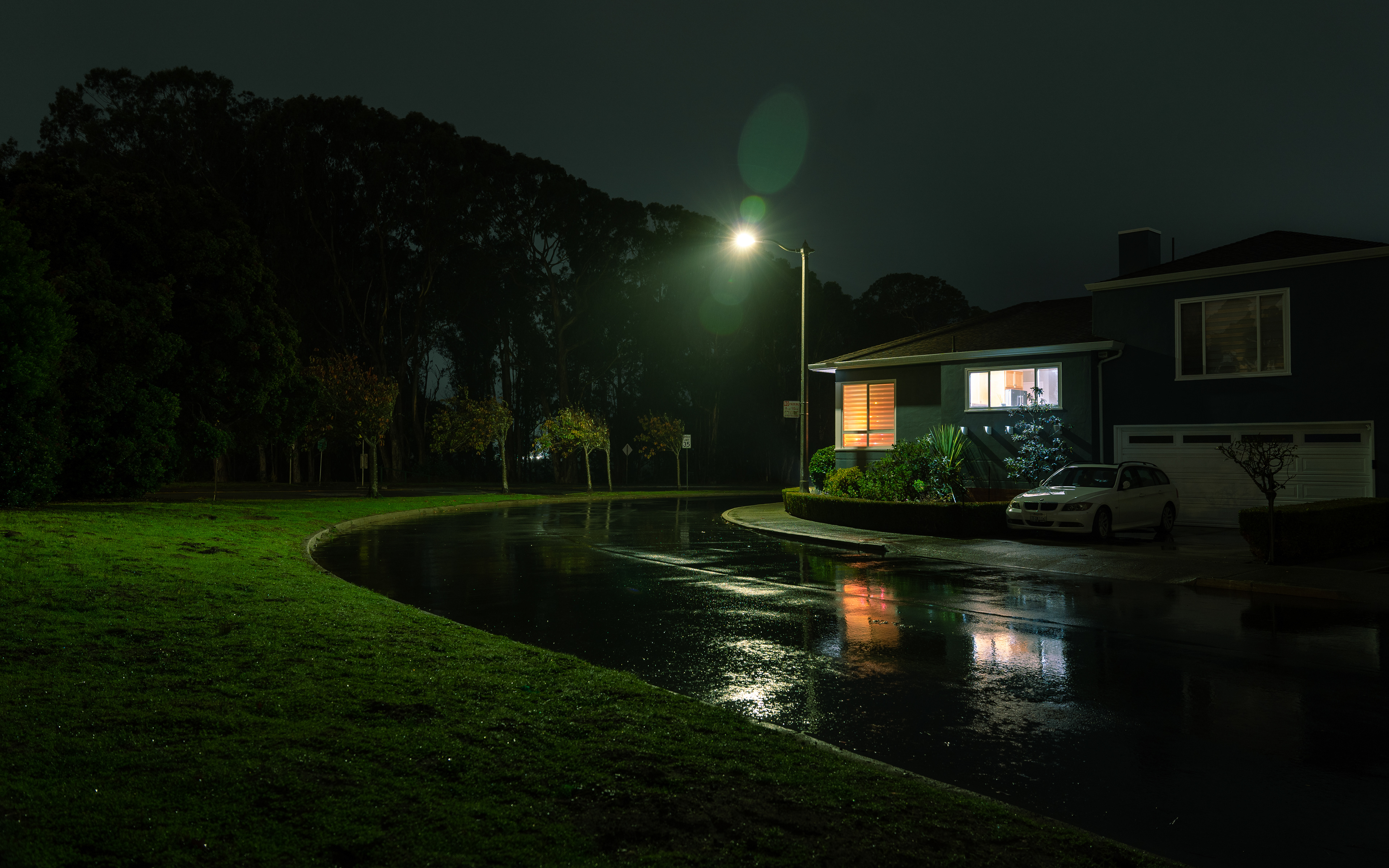 Behind a lone streetlamp and home, the silhouette of the Lake Merced forest looms