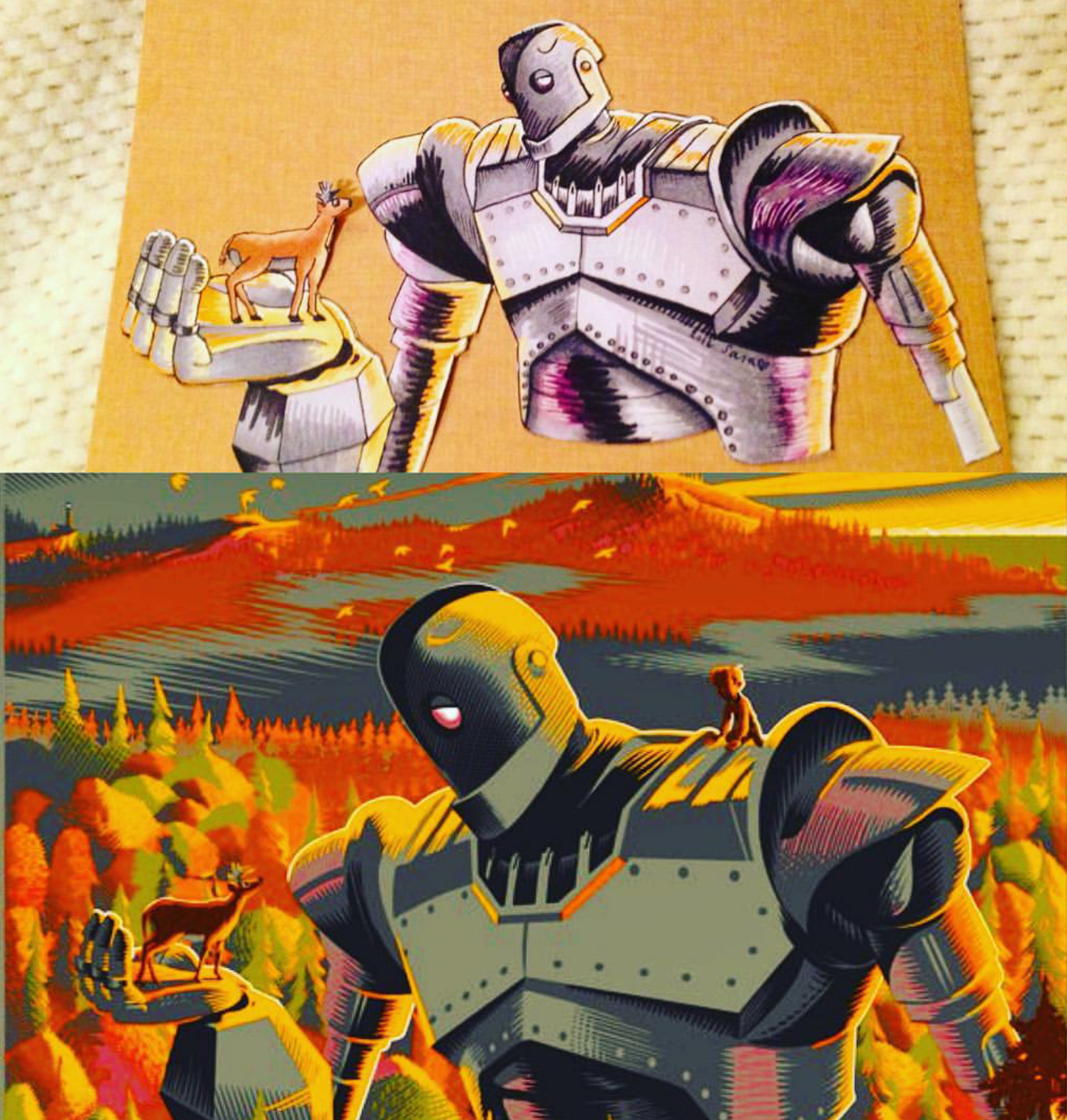 Top image is a rough sketch I made in Prismacolor pen and ink. It is based on the Original Artwork as seen depicted below it by Laurent Durieux, for the "Iron Giant" Movie Poster