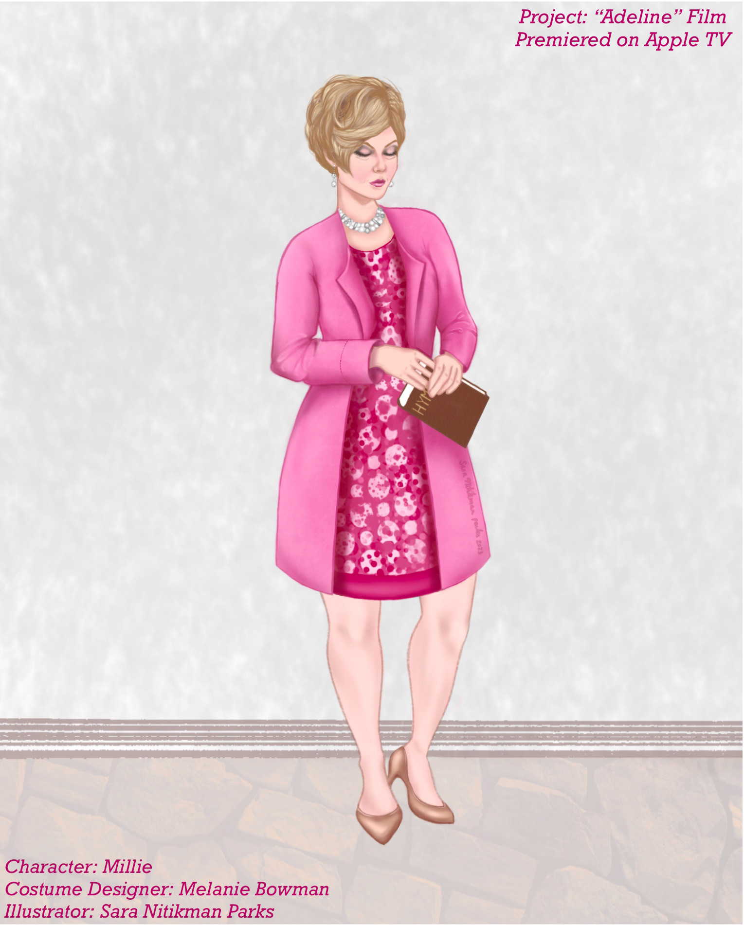 My sketch of Millie; A character from the Movie "Adeline". Costume Designer: Melanie Bowman, Sara Nitikman Parks 2023