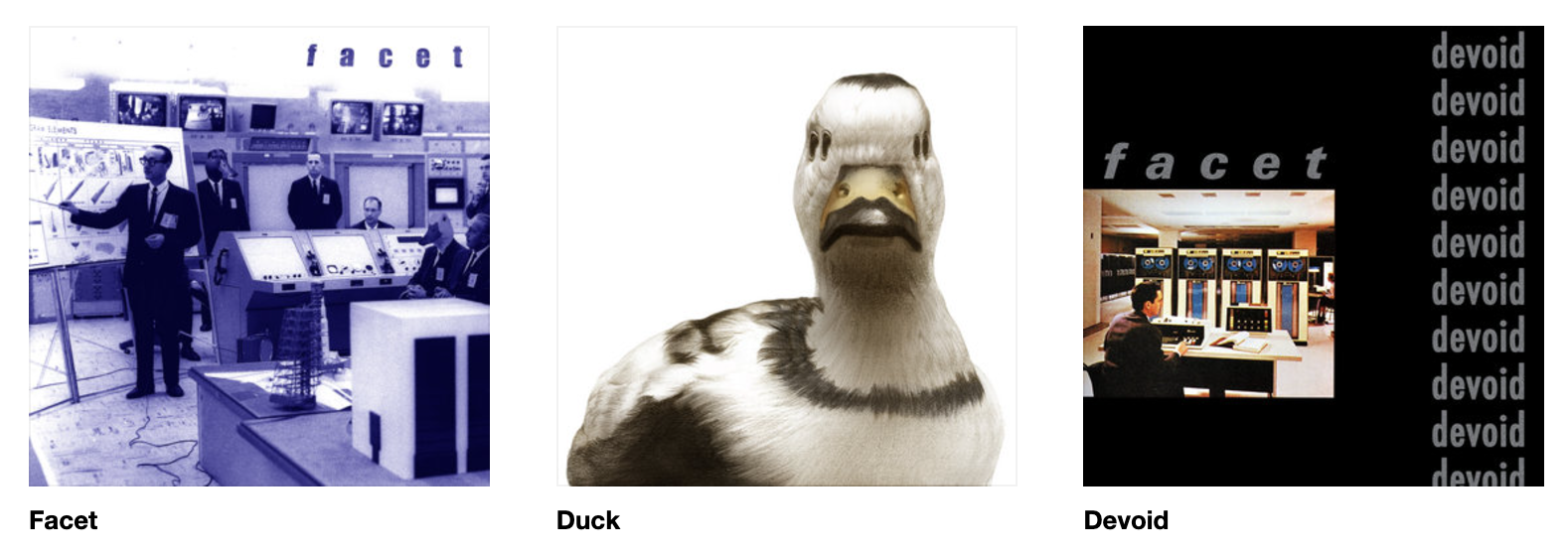 Three square pictures of Oakland's Noise Rock band Facet, each square is one of their EPs or Albums. All Facet Noise music is available for purchase on their bandcamp page.