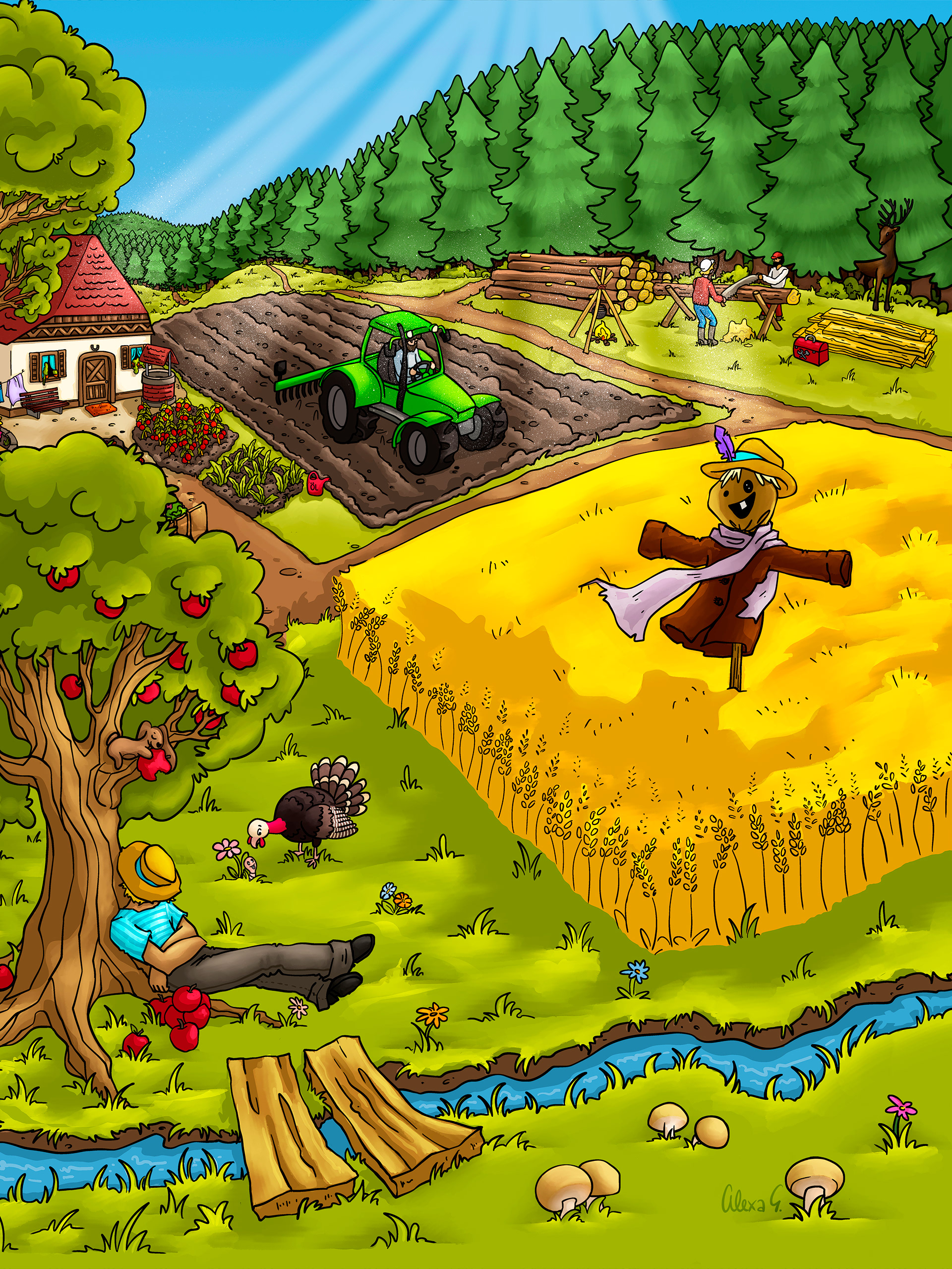 Field Illustration as part of the same Farm Structure Cute Animal Illustration for Kids Deco Commissioned by blackforest-artworks.com