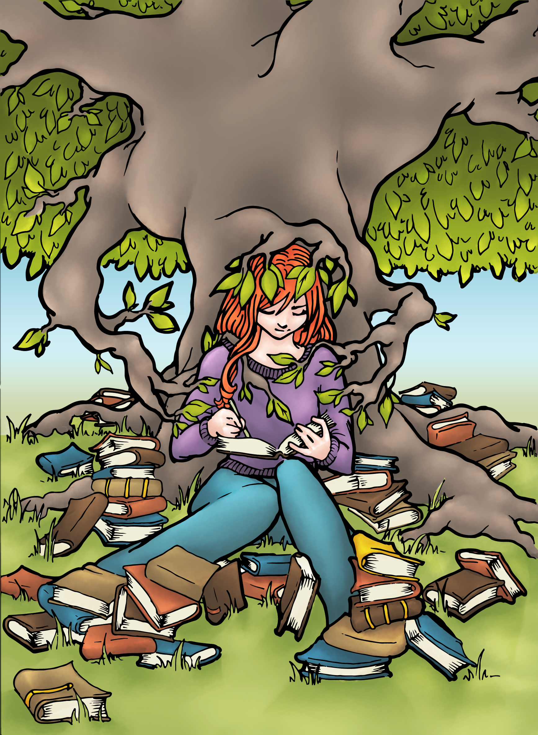 Illustrating a moment reading in the safety of being held by nature aka. a tree, with an abundance of books