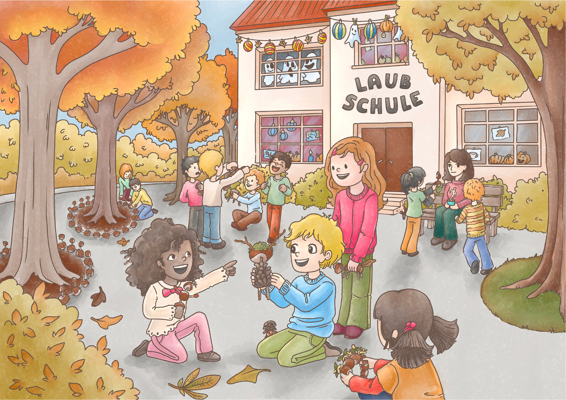 Playful scene on an autumn school ground