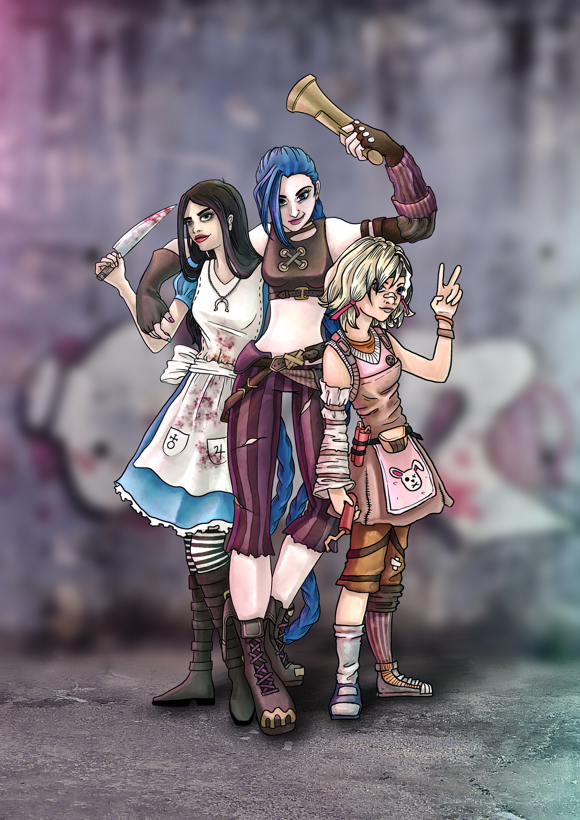 Fanart about Jinx (Arcane), Alice (American McGee), Tiny Tina (Borderlands). I am a gamer, and found these go well together.