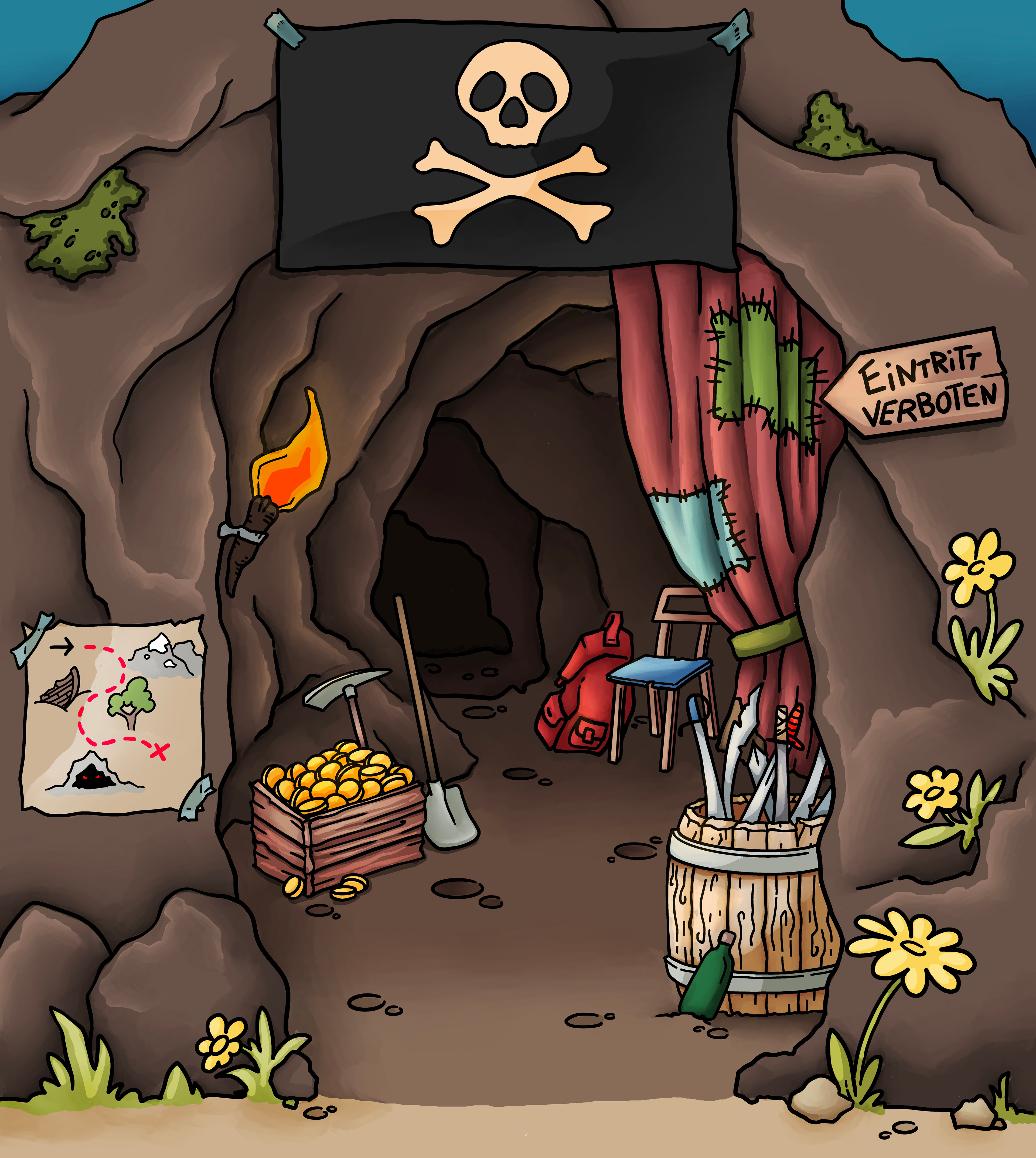 Pirate cave kids’ illustration with treasure chest, swords, and map – playful textile design for roleplay toys and children’s products.