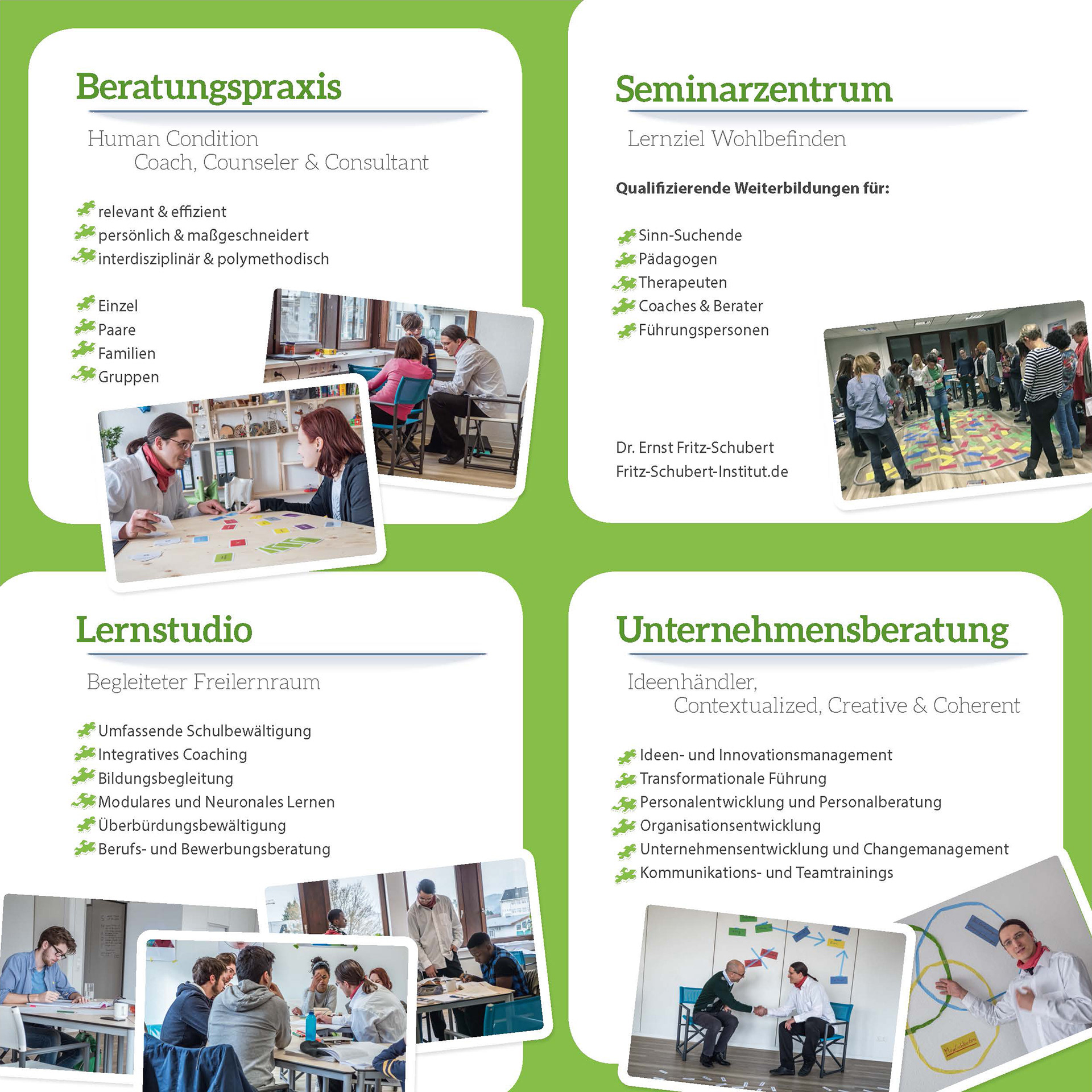 Innenansicht des quadratischen Flyers mit strukturierter Übersicht zu Beratungsangeboten, Lernstudio, Seminaren und Unternehmensberatung.