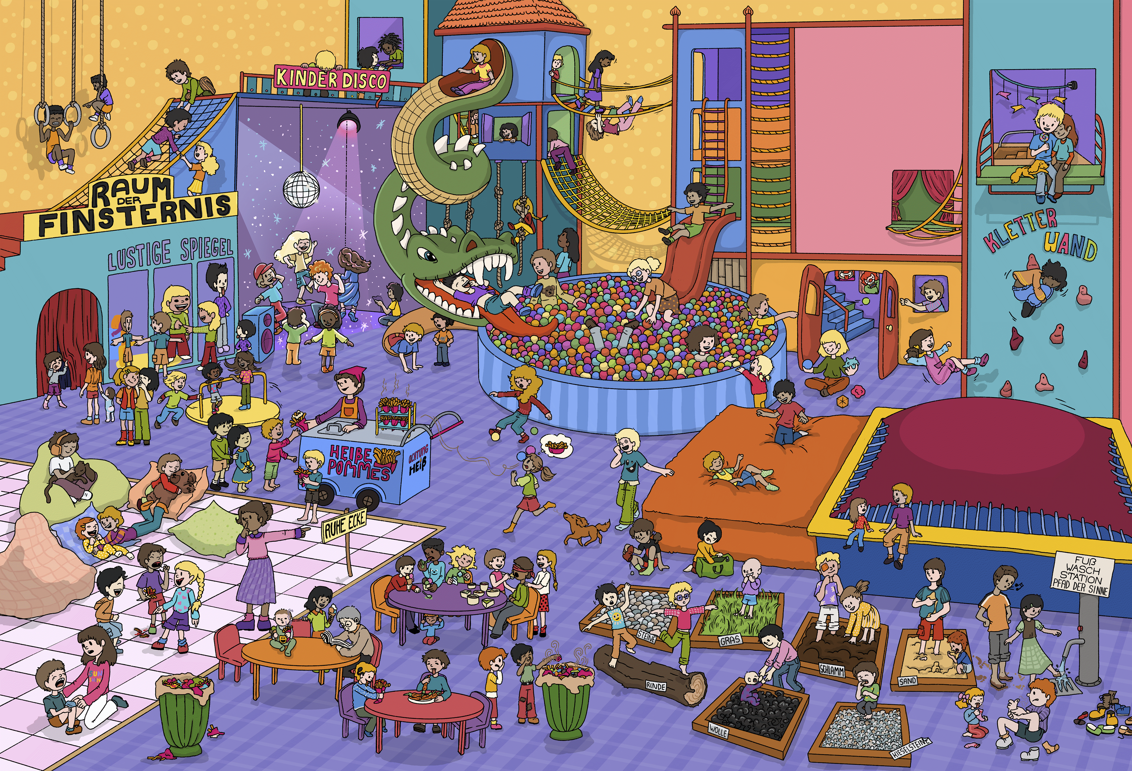 Wimmelbild Stiftung Kinder forschen. Wuselige Custom Illustration unzähliger Kinder in einem Indoor Spielplatz. Eine Auftragsillustration für das Magazin "Forscht Mit!"