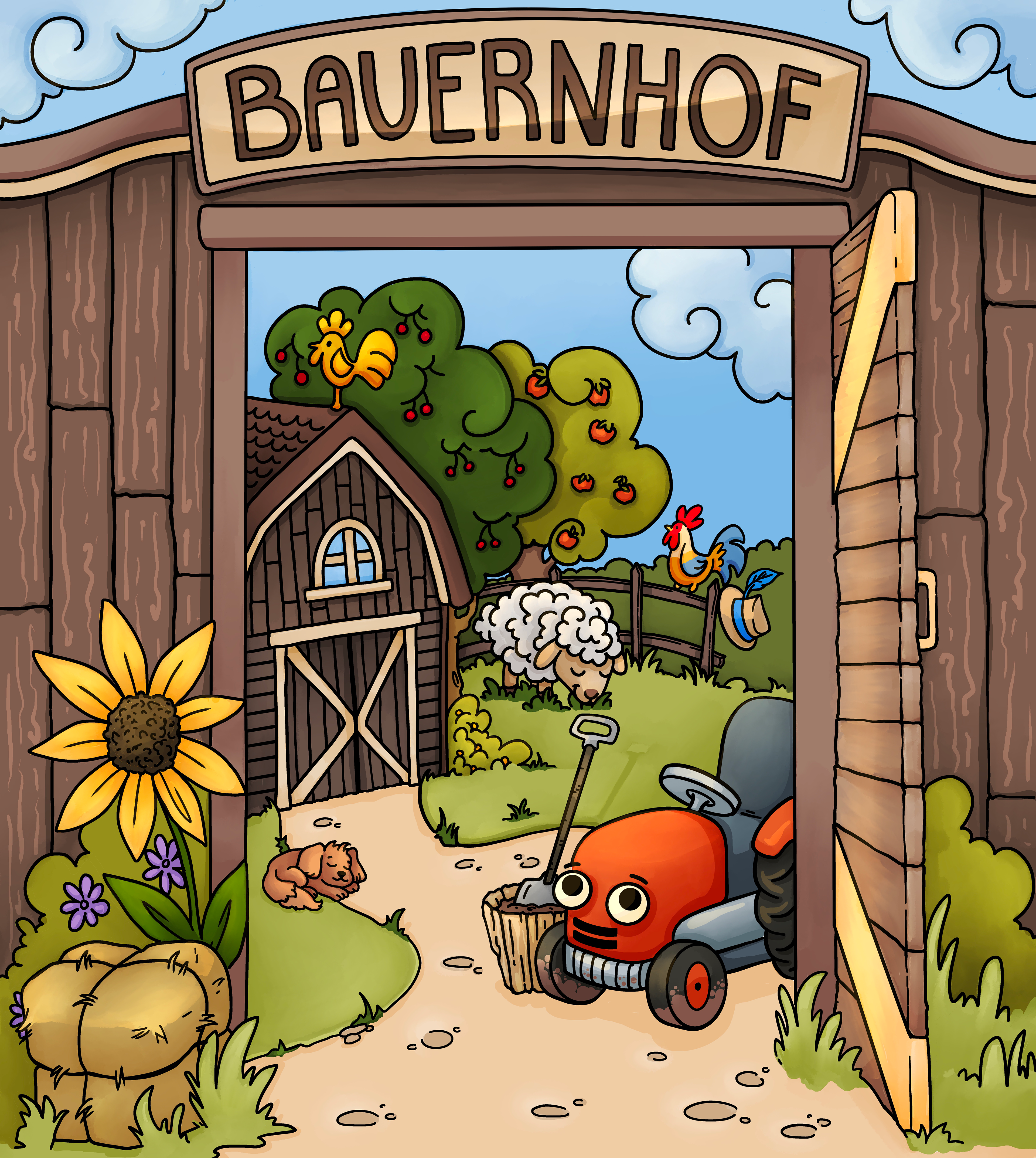 Farmyard kids’ illustration with tractor, animals, and barn – colorful textile design for imaginative play and children’s interiors.