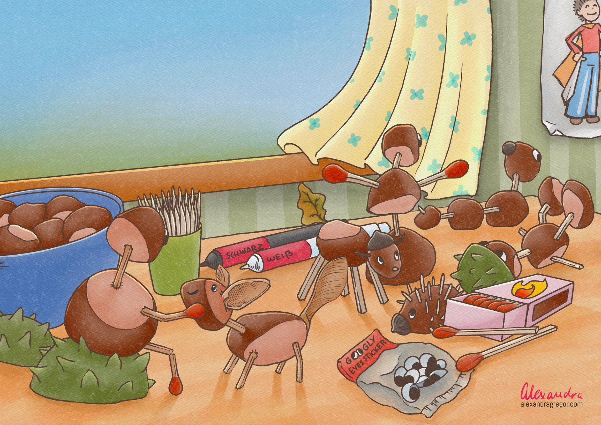 Desk scene crafting chestnut figures