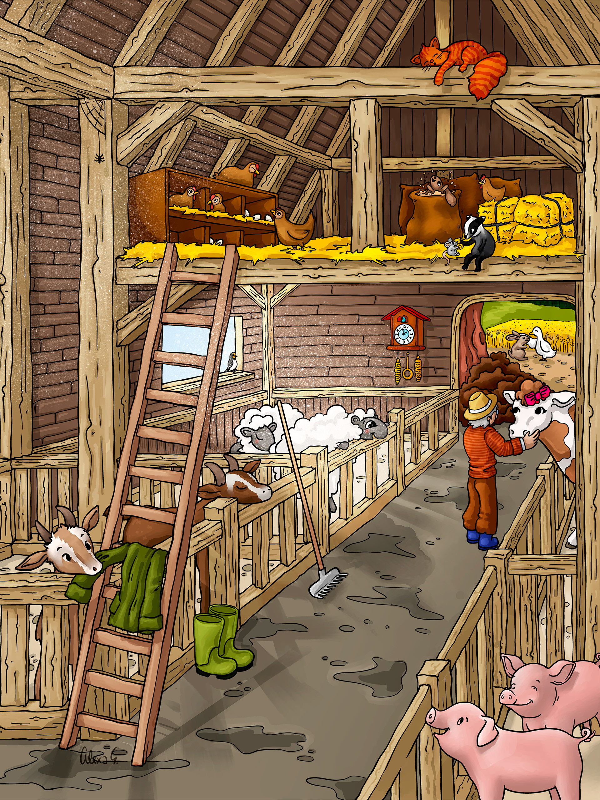 Stable Illustration with funny details and animal interaction Cute Animal Illustration for Kids Deco Commissioned by blackforest-artworks.com