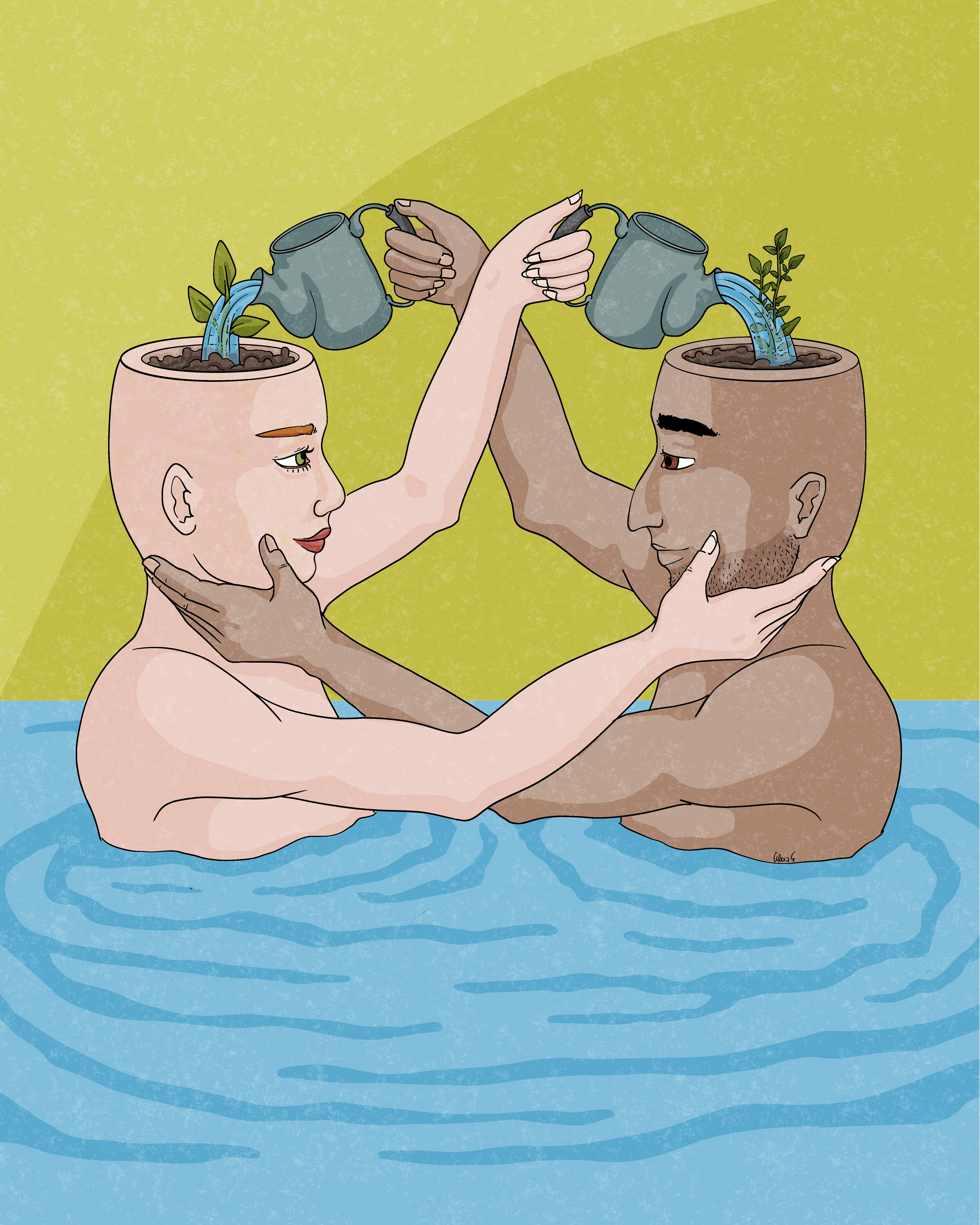 Editorial Illustration about nourishing each other, mutual care about mental health and wellbeing