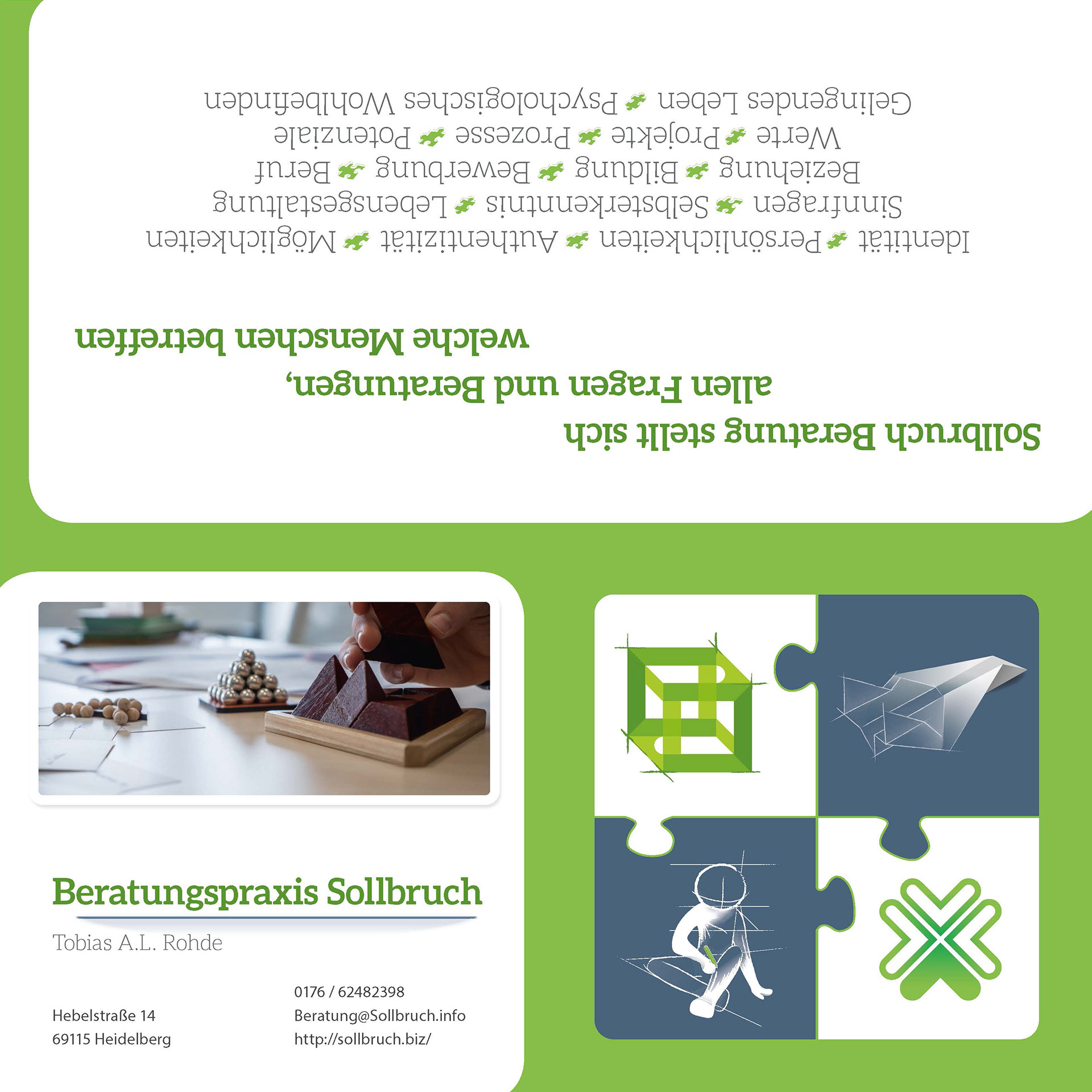 Quadratisches faltbares Flyer-Design mit Puzzle-Motiven für Sollbruch – moderne Unternehmenskommunikation mit runden Ecken.