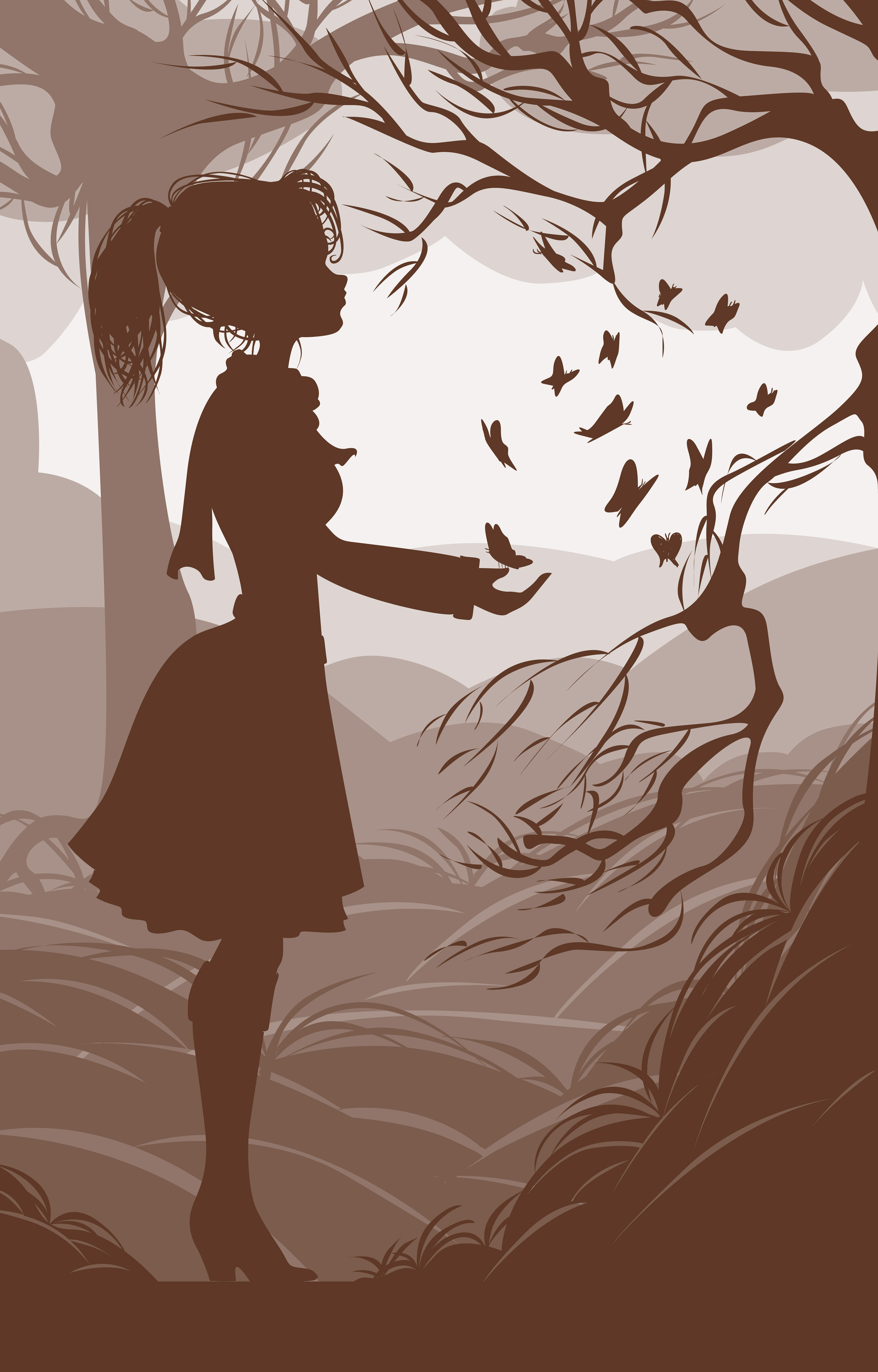 A girl catching Butterflies, in a cutout style