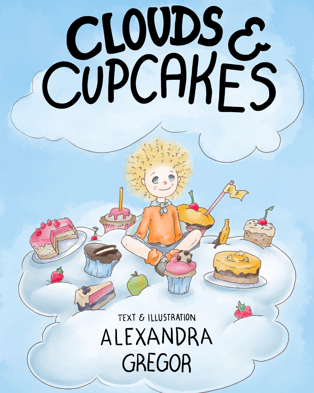 Children’s book cover illustration Clouds & Cupcakes – title design with character and cupcakes