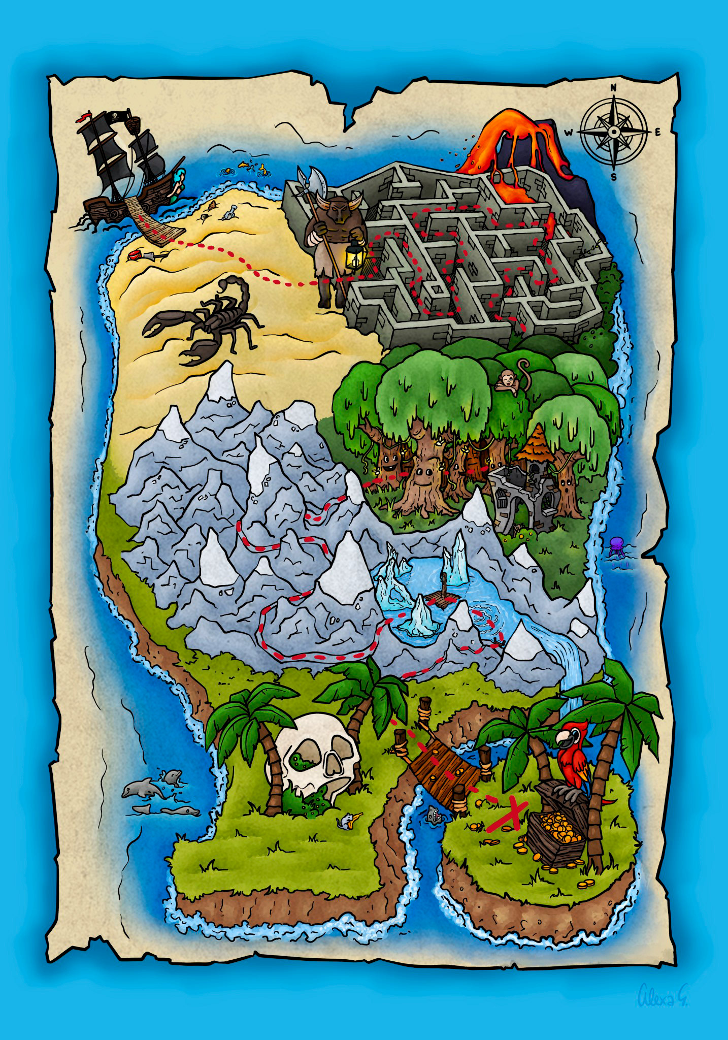 Pirate set Treasure map Illustration Commissioned by blackforest-artworks.com