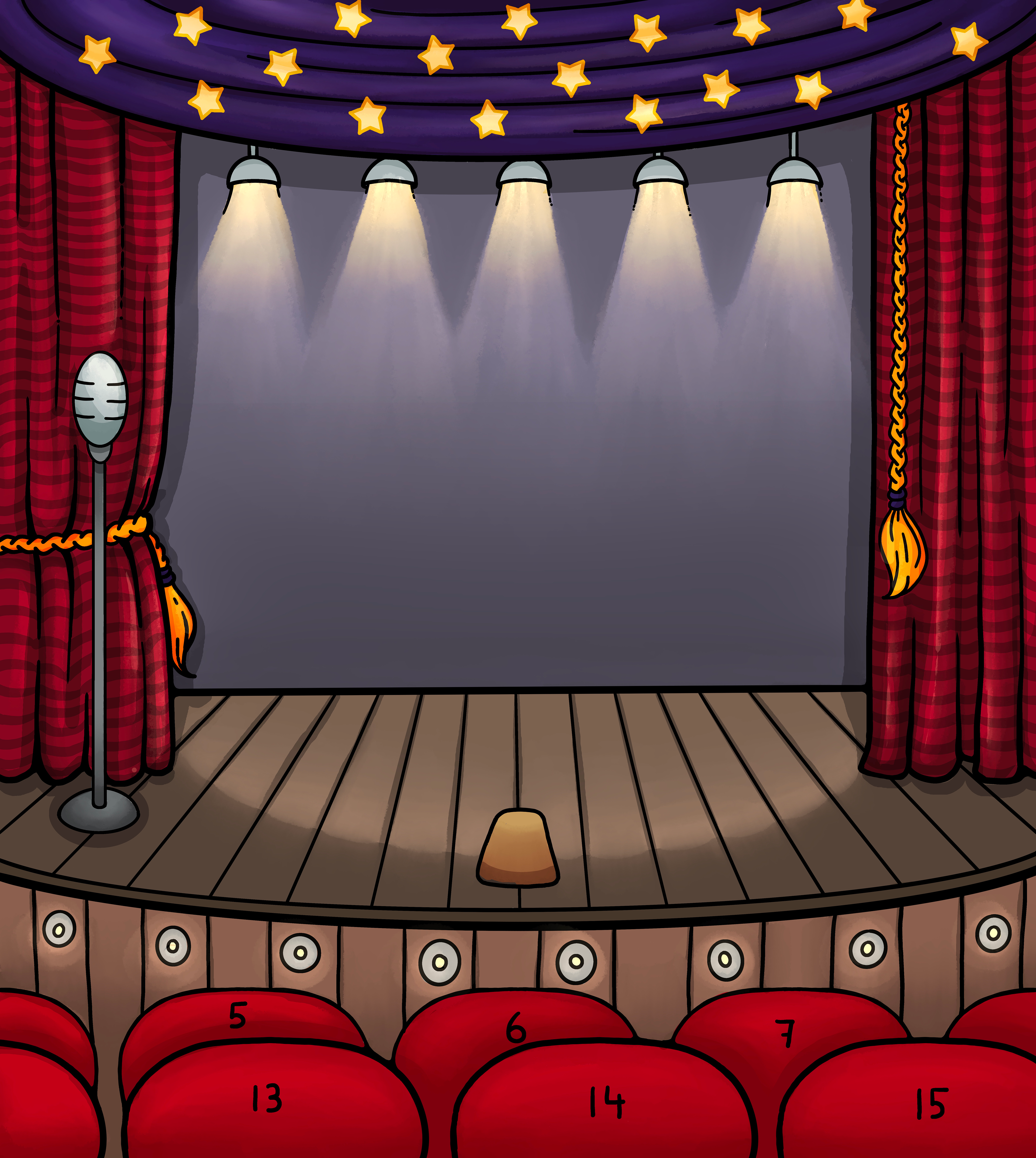 Children’s theater stage illustration with curtains, lights, and microphone – creative textile artwork for kids’ roleplay furniture.