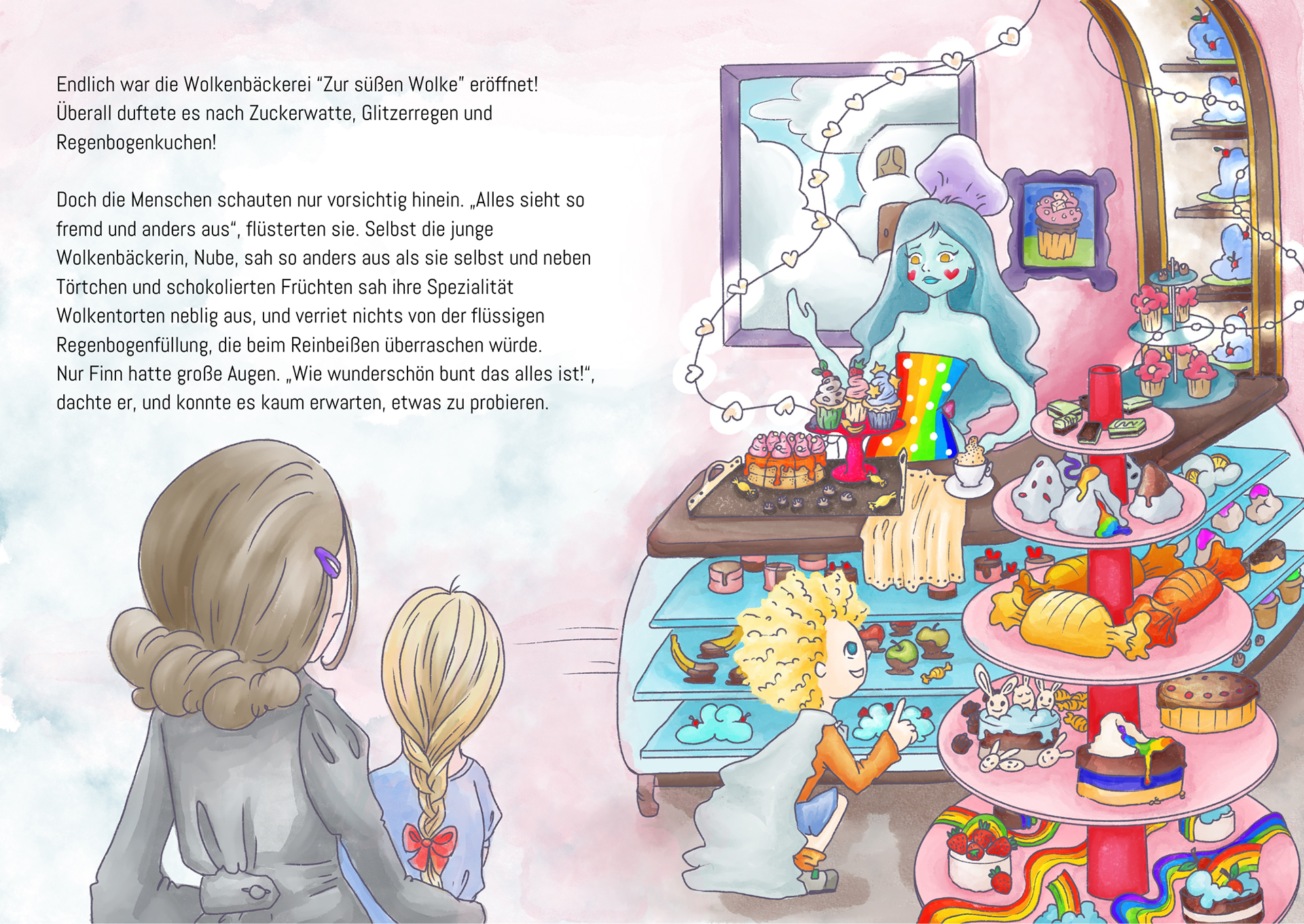 Children’s book double-page illustration Clouds & Cupcakes – bakery scene with colorful cupcakes