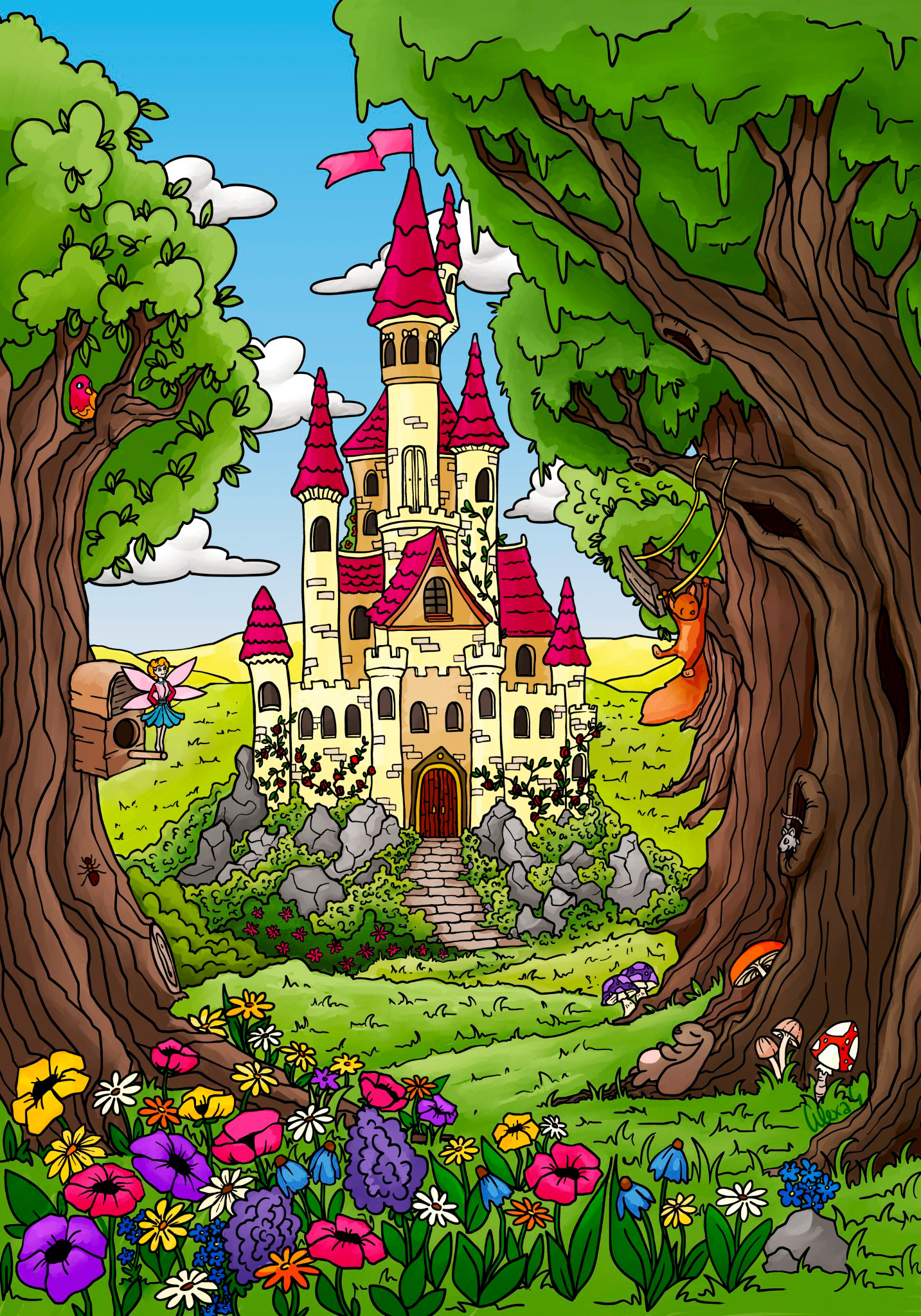 Fairytale set castle illustration Cute Animal Illustration for Kids Deco Commissioned by blackforest-artworks.com