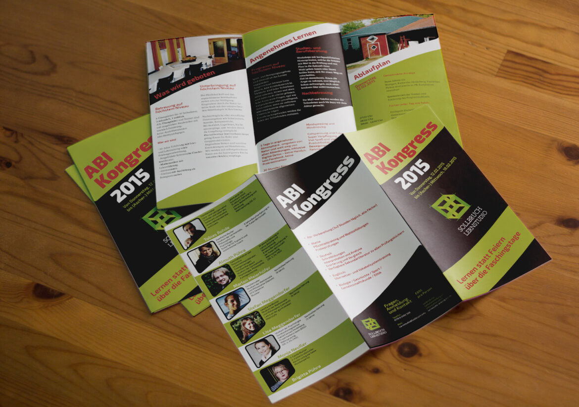 Trifold Flyer Design für den ABI Congress 2015 mit grün-schwarzem Layout, roter Akzentfarbe und übersichtlicher Programmstruktur.