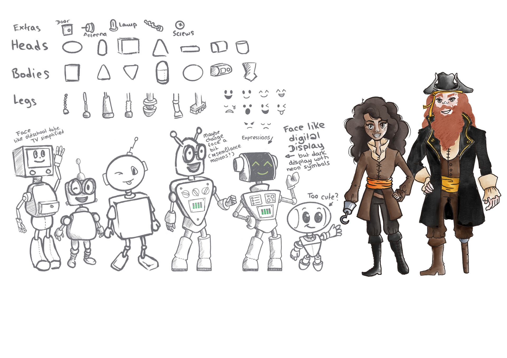 Character Design sketches for a client's children's story about a dino and a robot
