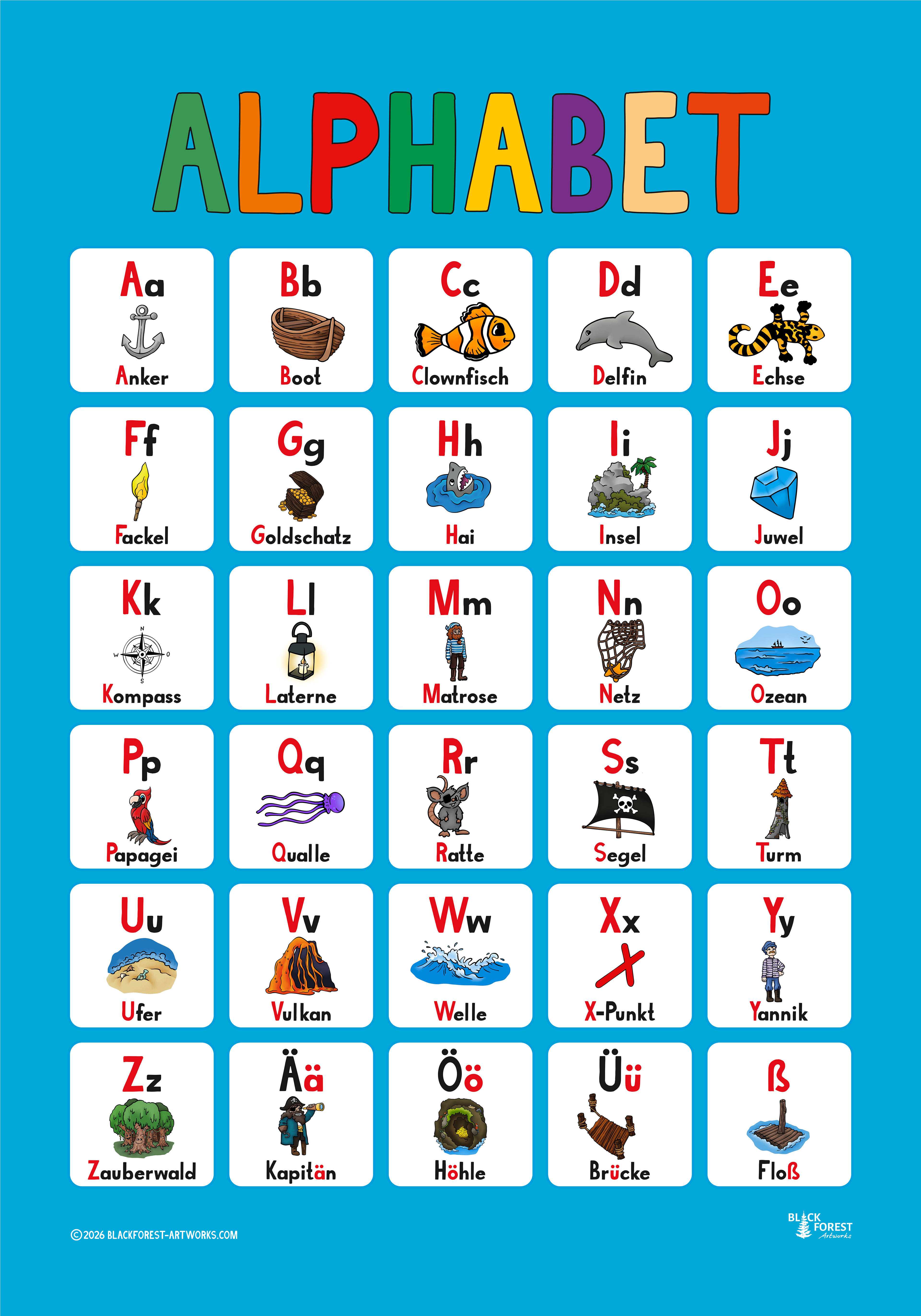 Number and ABC Posters with elements used in the big illustrations for educational use, Cute Animal Illustration for Kids Deco Commissioned by blackforest-artworks.com