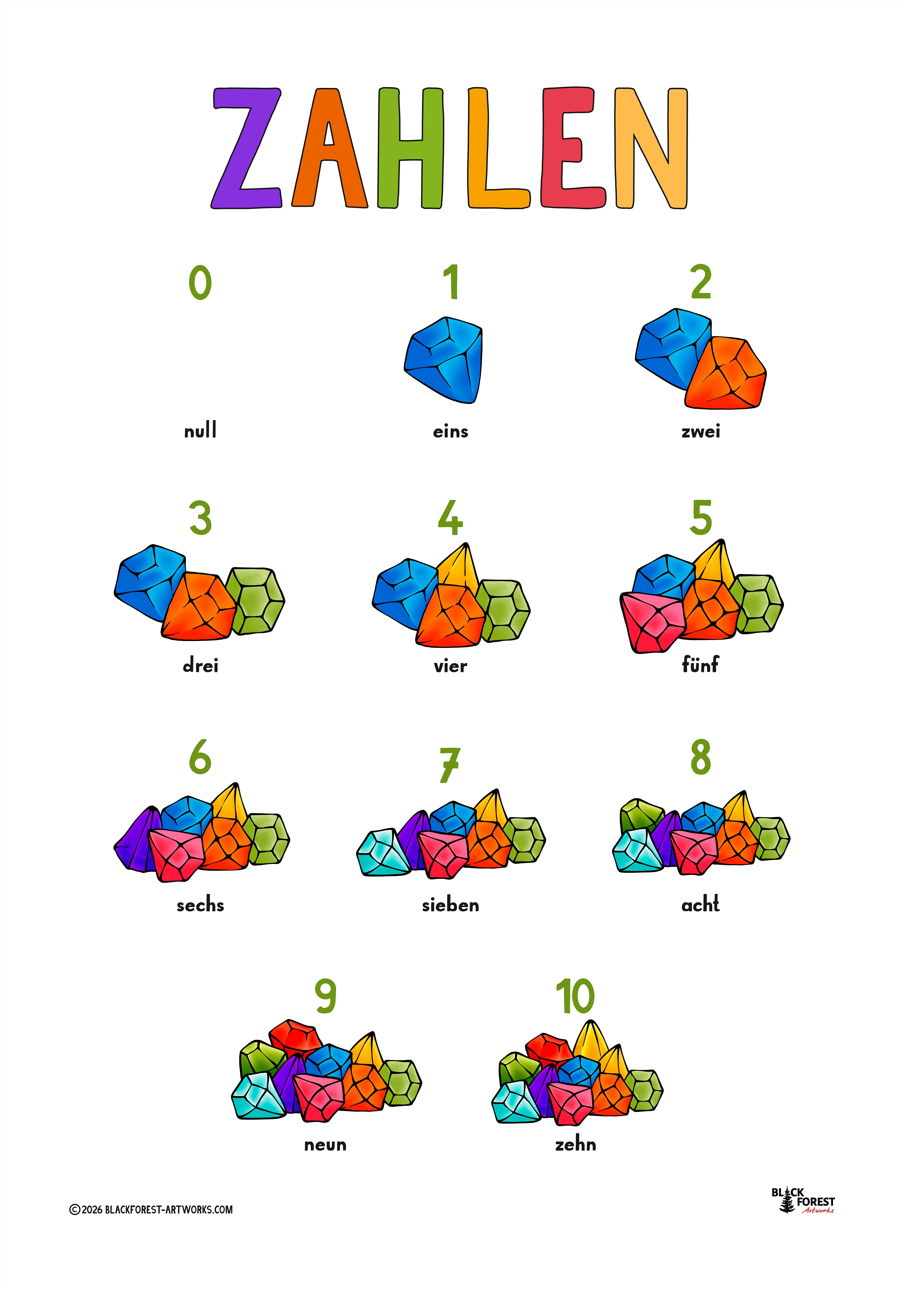 Number and ABC Posters with elements used in the big illustrations for educational use, Cute Animal Illustration for Kids Deco Commissioned by blackforest-artworks.com