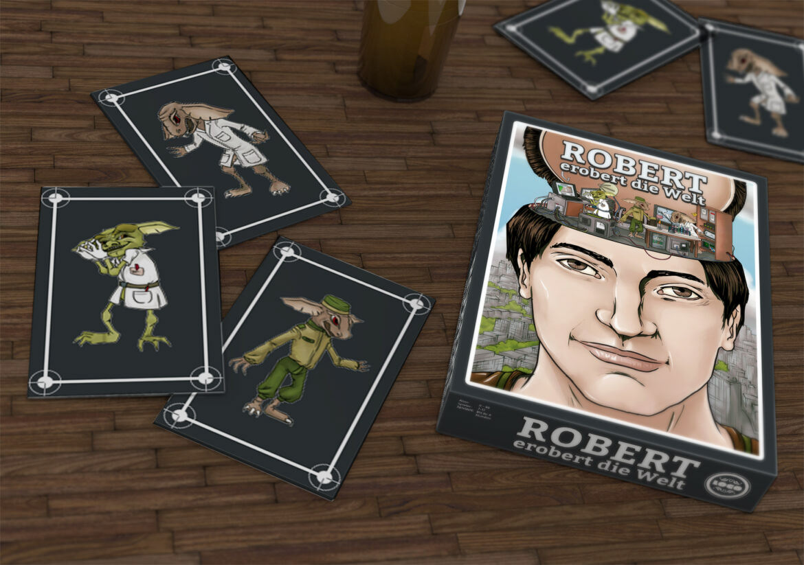 Illustrated card game characters for “Robert erobert die Welt.”