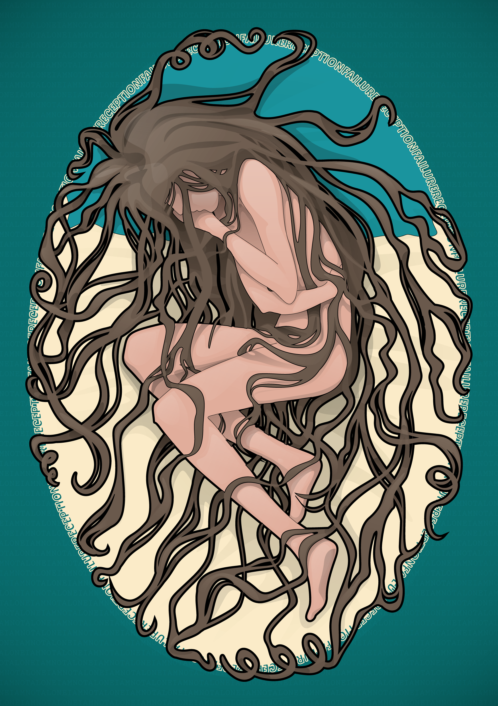 Drawn to capture an intense moment of loneliness being unable to connect. Hence, the text Reception Failure around her
