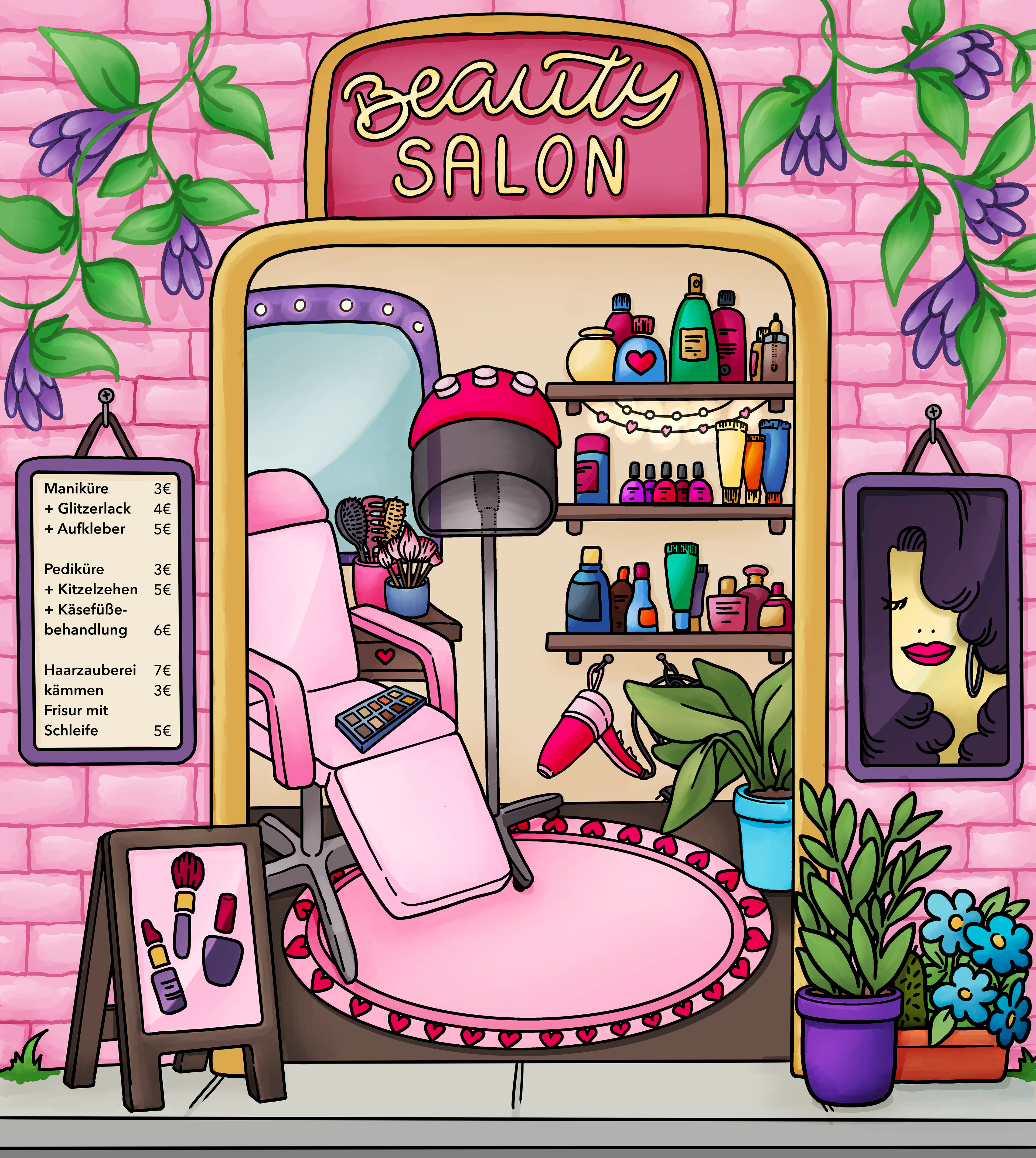 Beauty salon kids’ illustration with chair, mirror, and cosmetics – vibrant textile design for children’s roleplay and toy collections.