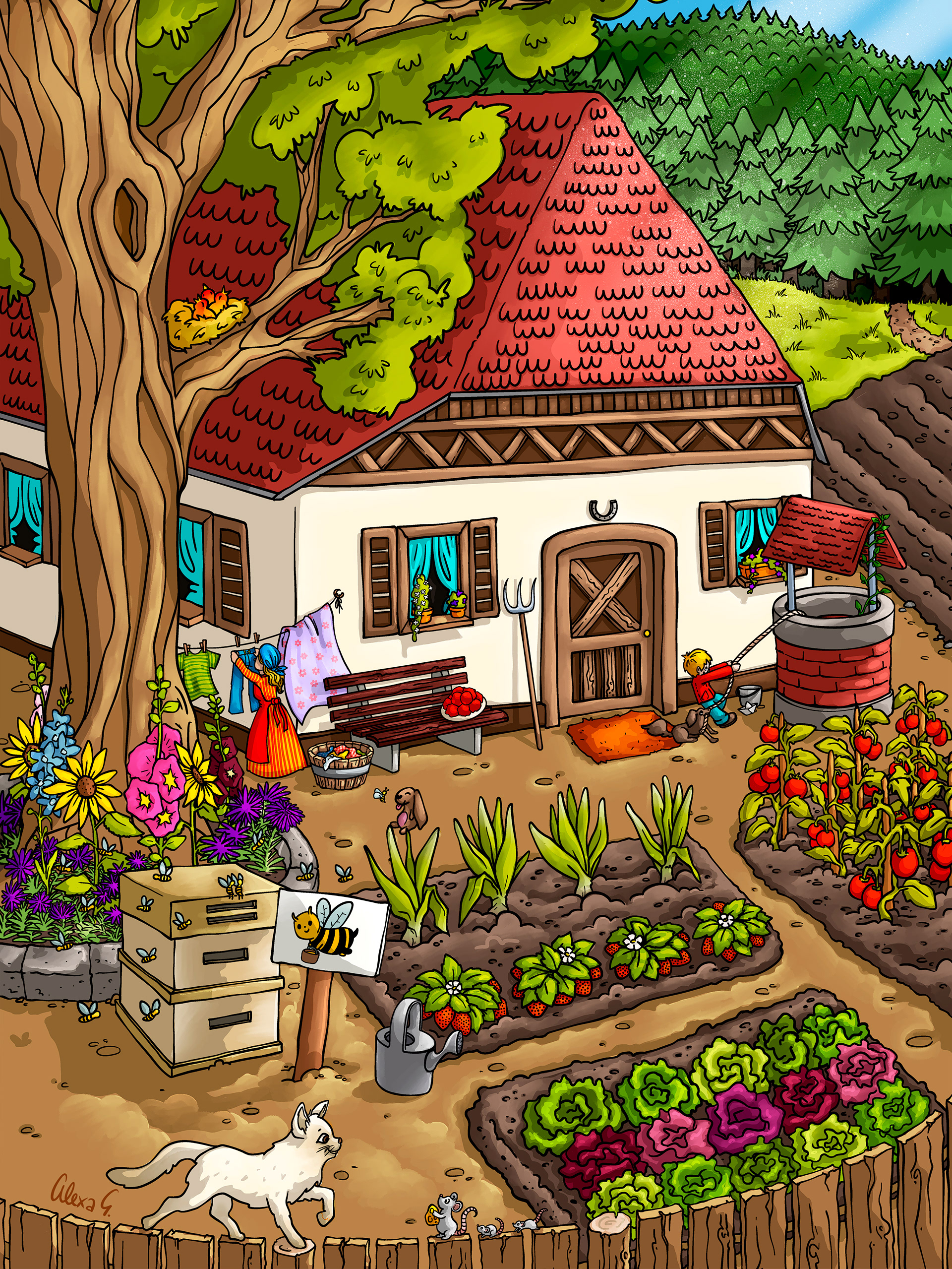 Complex Black Forest Farm Illustration Cute Animal Illustration for Kids Deco Commissioned by blackforest-artworks.com