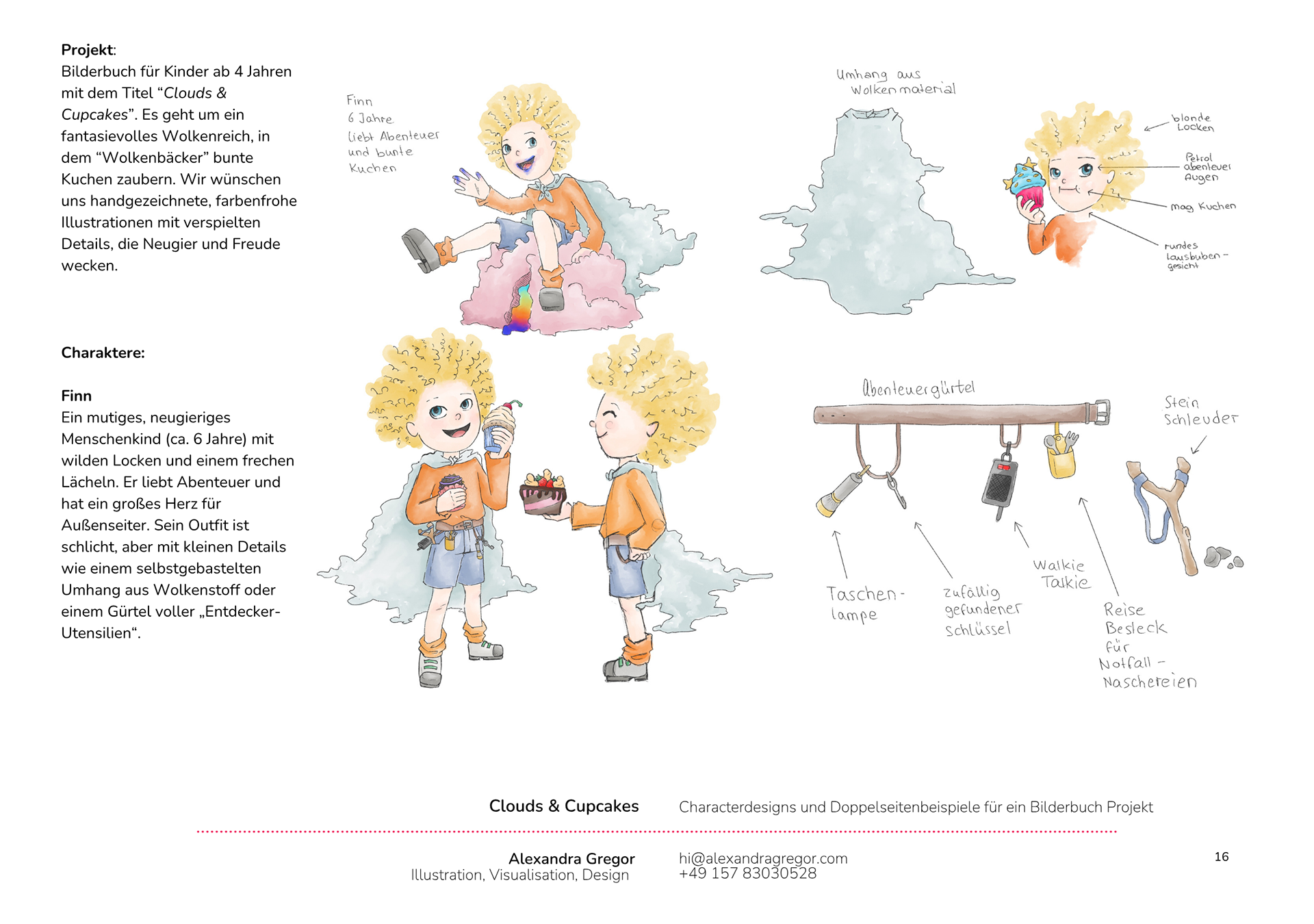 Character design for children’s book Clouds & Cupcakes – figure development in sketches and color studies