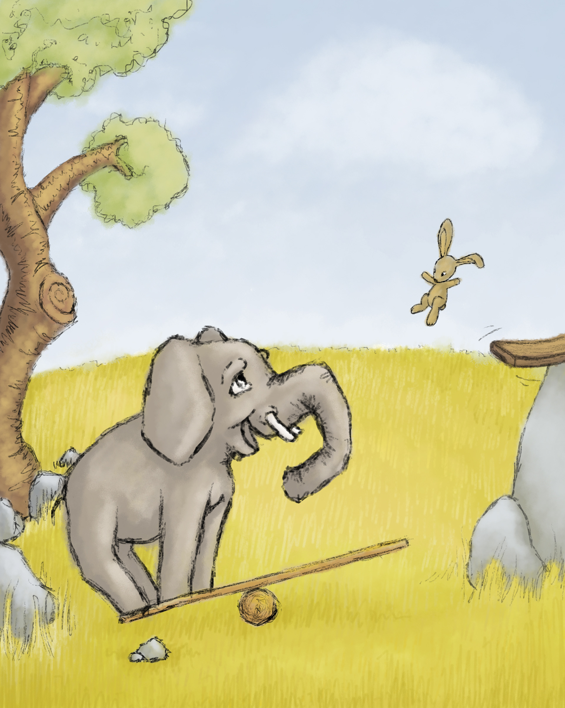 Elephant looking forward to "flying" when the bunny lands on the board...