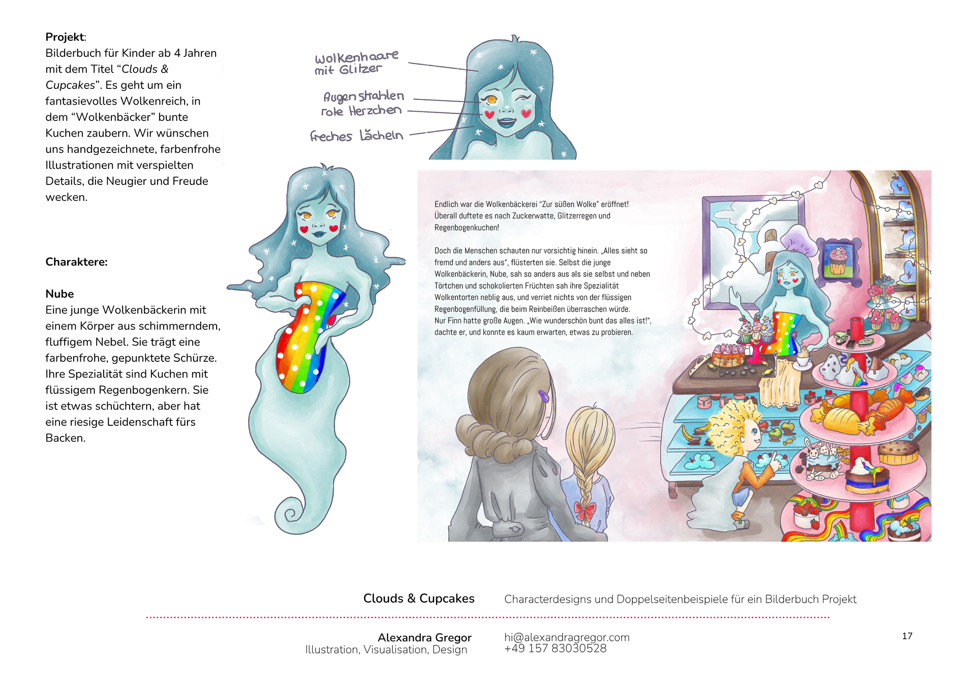 Double-page illustration Clouds & Cupcakes – fantasy world with cloud character and rainbow