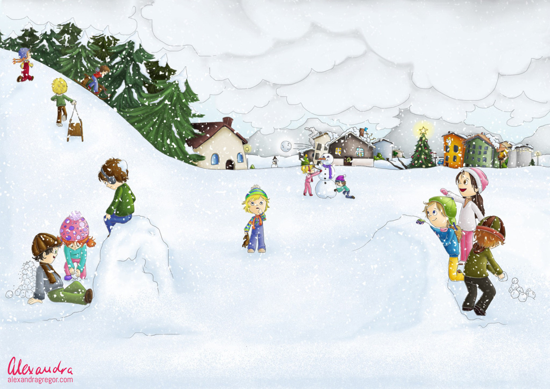 Winter Poster with kids playing in the snow