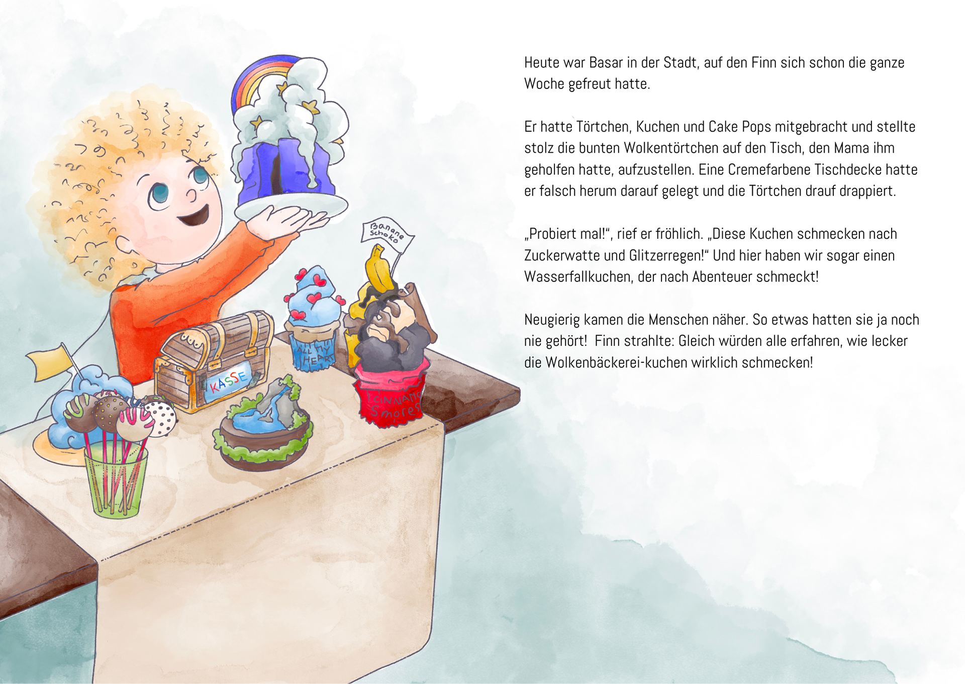 Children’s book illustration Clouds & Cupcakes – character holding cupcake
