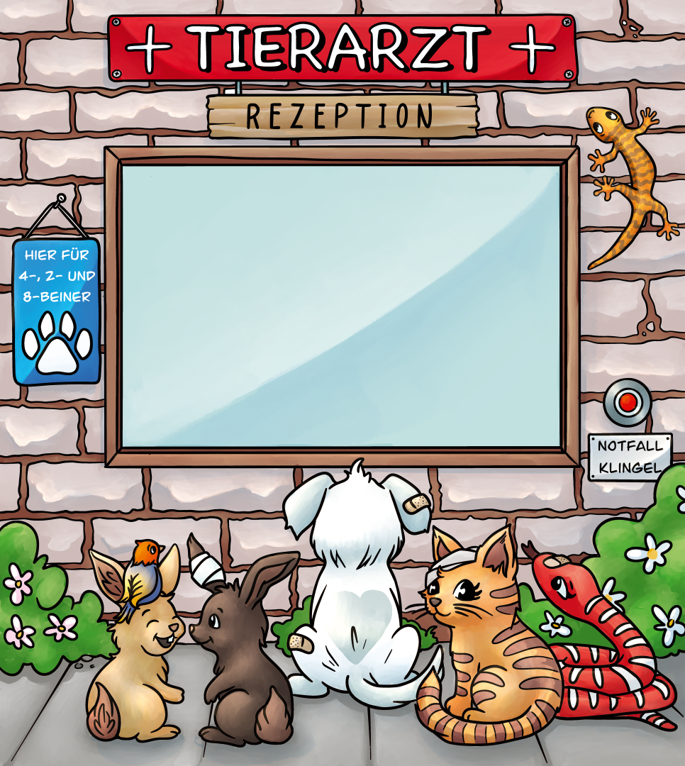 Veterinarian kids’ illustration with animals waiting at the clinic – colorful textile design for children’s roleplay and toy brands.