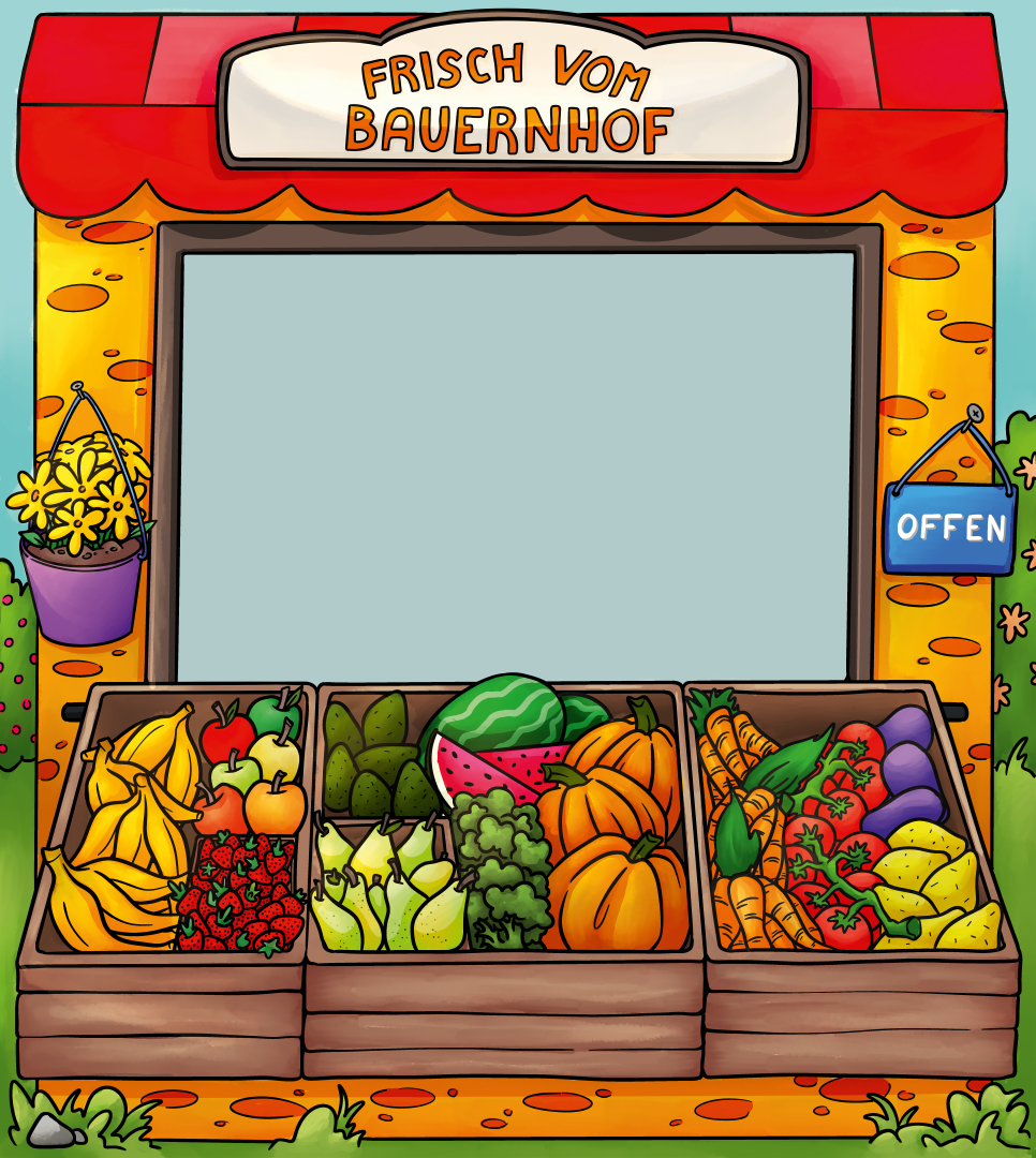 Farm market stall illustration with fresh fruits and vegetables – playful textile artwork for kids’ toys and roleplay furniture.