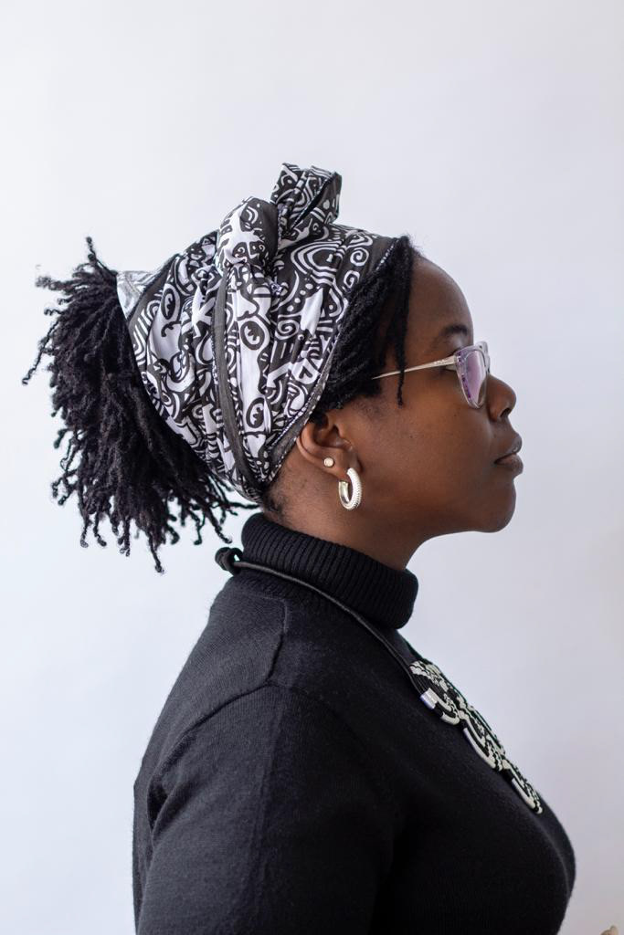 Headscarf merchandise modelled by youth advocate and colleague Jenny Njuki