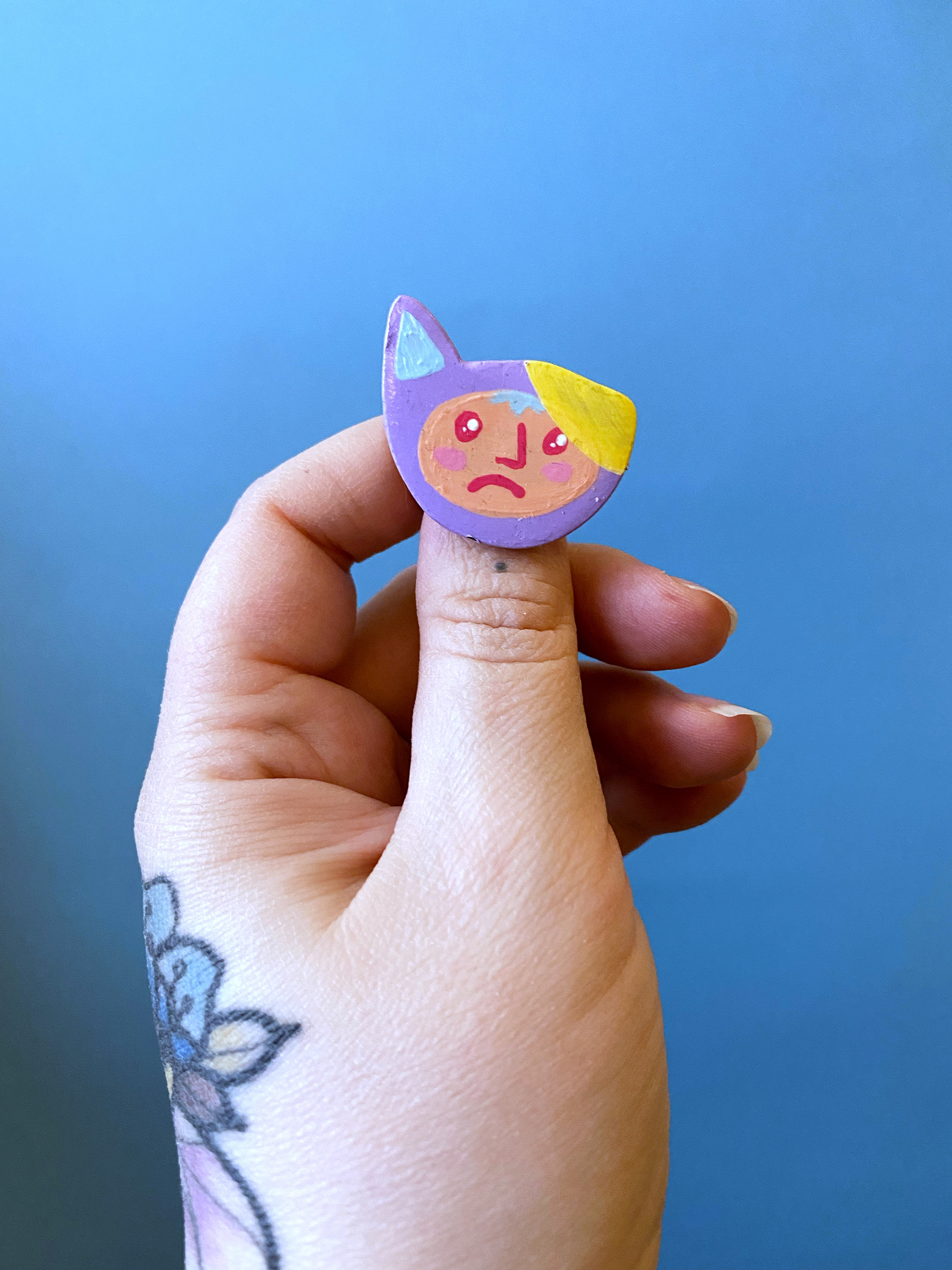 Kitty Hood Pin 4, Polymer Clay painted with Gouache and Posca 2021