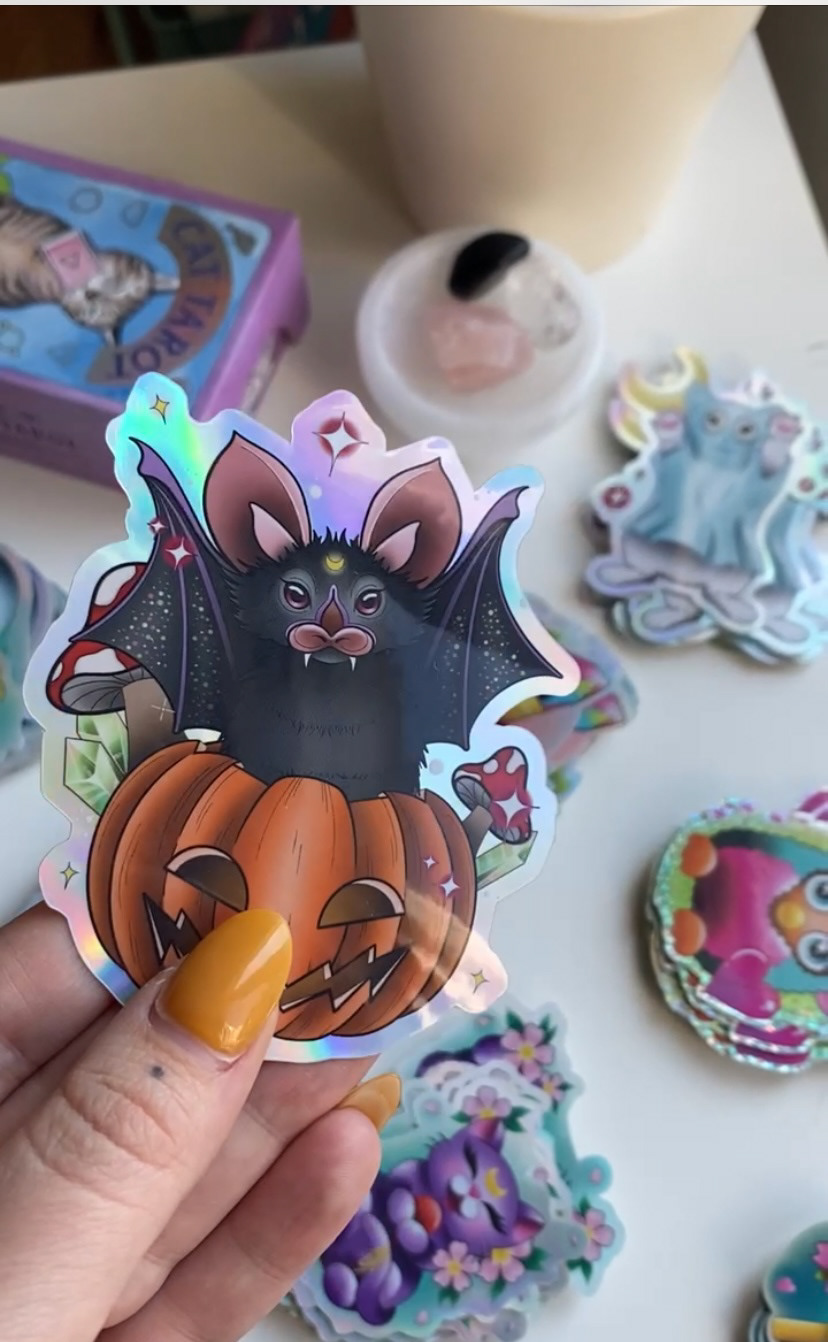 Bat and Pumpkin Holographic Halloween Sticker, 2020